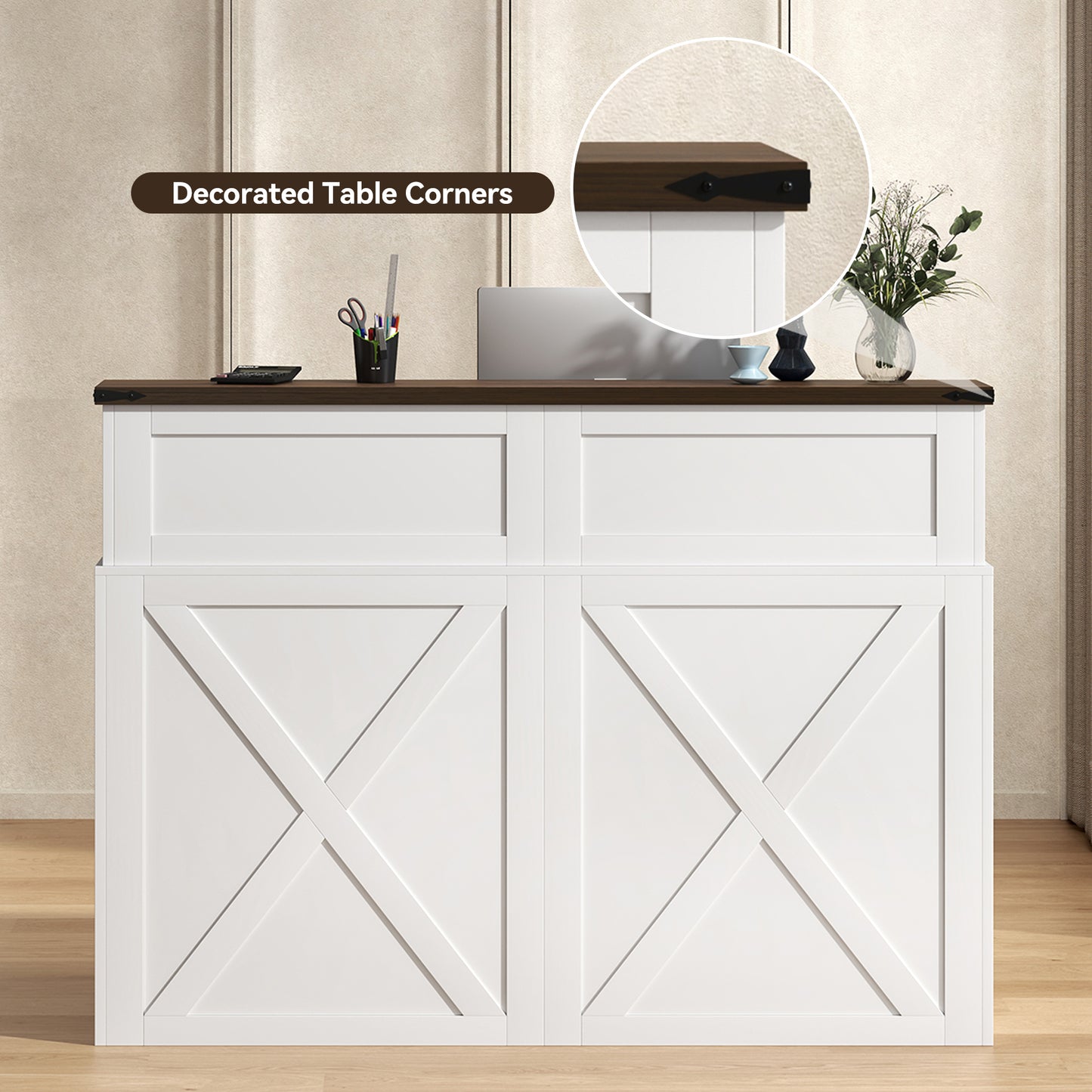 47-Inch Reception Desk with Counter, Modern Front Desk Reception Room Table, Unique Barn Door Home Design Office Receptions Desks Retail Counter for Checkout, Lobby, Beauty Salon, White