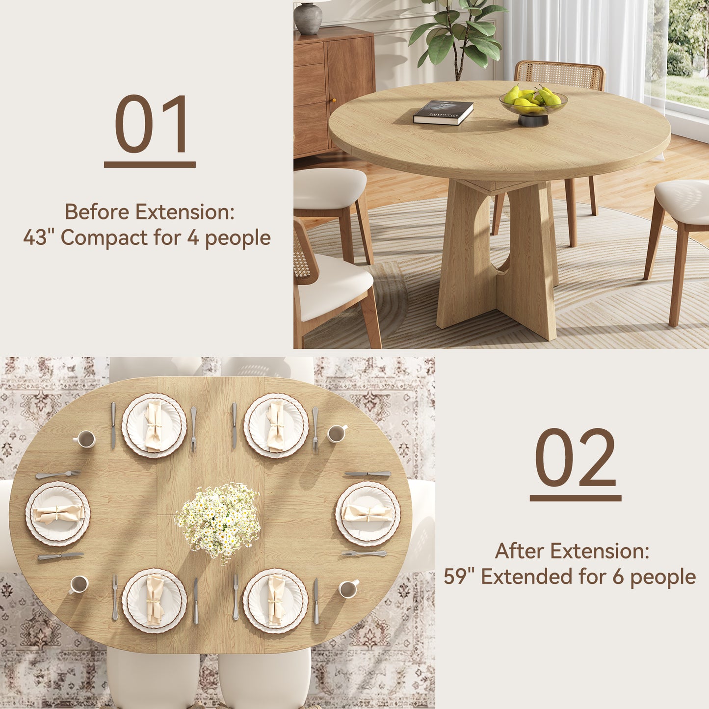 59-Inch Extendable Round Dining Table for Dining Room, 4-6 People Farmhouse Oval Wood Expandable Kitchen Dinner Table with Heavy Cross Pedestal for Living Room, Apartment, Light Oak