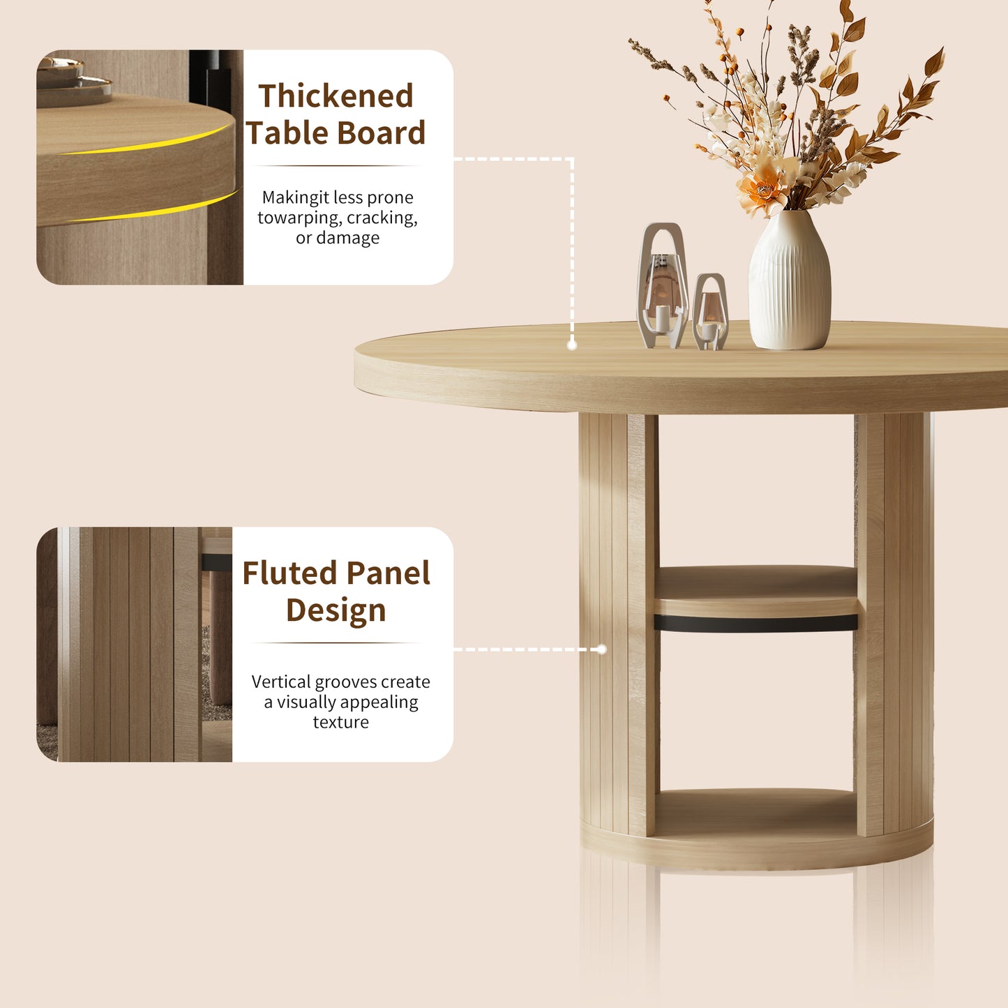 47-Inch Round Wood Dining Table with Open Storage Shelves for Dining Room, 4-6 People Farmhouse Circle Kitchen Dinner Tables with Fluted Design for Living Room, Apartments, Light Oak Brown