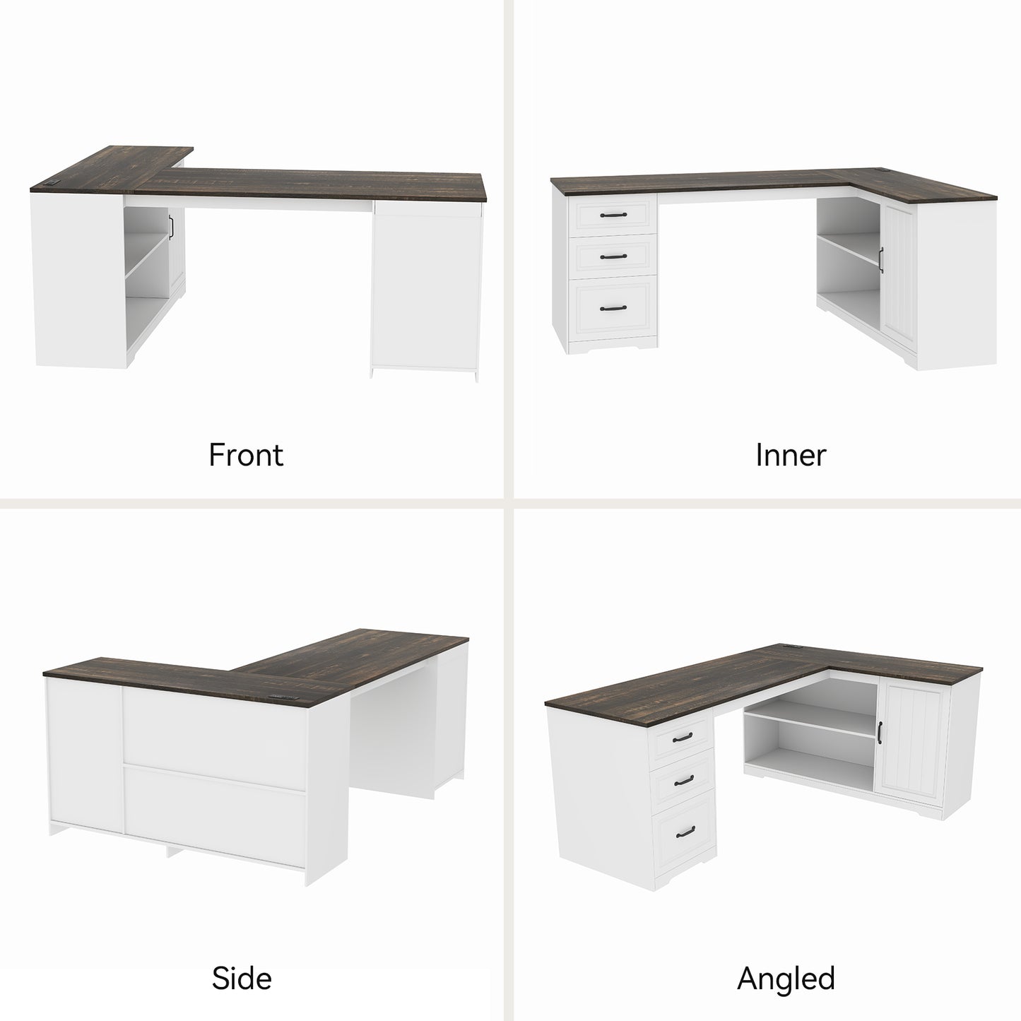 L-Shaped Executive Desk with Power Outlet, Farmhouse Computer Desk with Drawer and Storage Cabinet, White Home Office Wood Corner Table for Writing Work Study, 63 Inch Large Bedroom Workstation