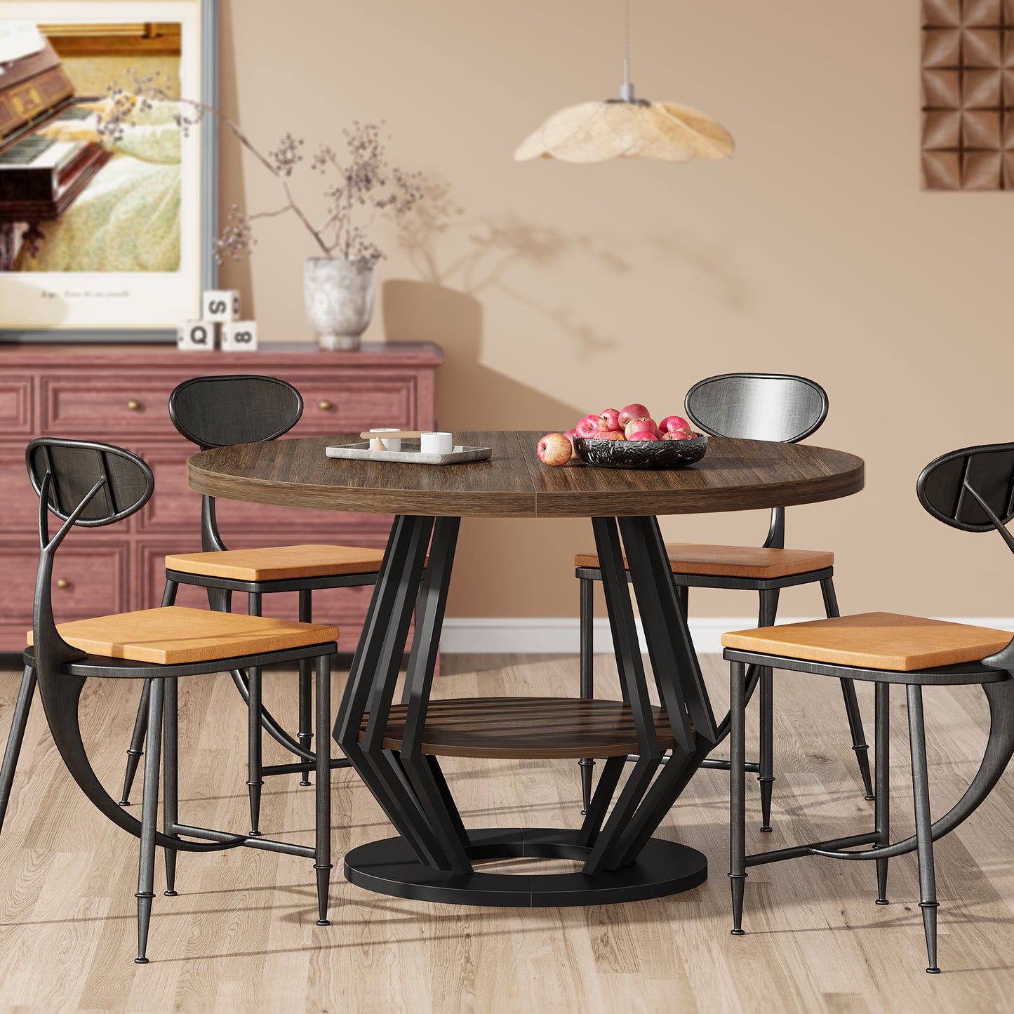 47-Inch Round Industrial Dining Table with Storage Shelf for Dining Room, 4-6 People Circle Kitchen Dinner Tables with Wood Top and Metal Frame for Living Room, Dinner Room, Black Brown Walnut
