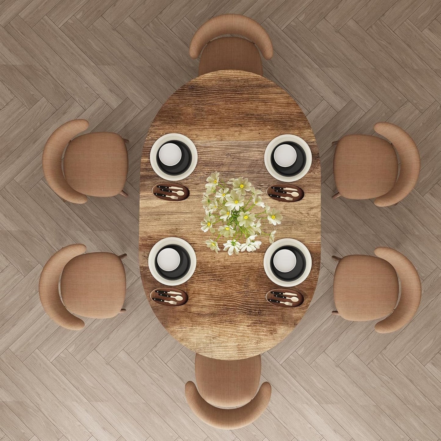 59-Inch Extendable Round Dining Table for Dining Room, 4-6 People Large Expendable Kitchen Dinner Tables with Oval Wood Top and Industrial Metal Frame for Dinner Room, Small Space, Black Brown