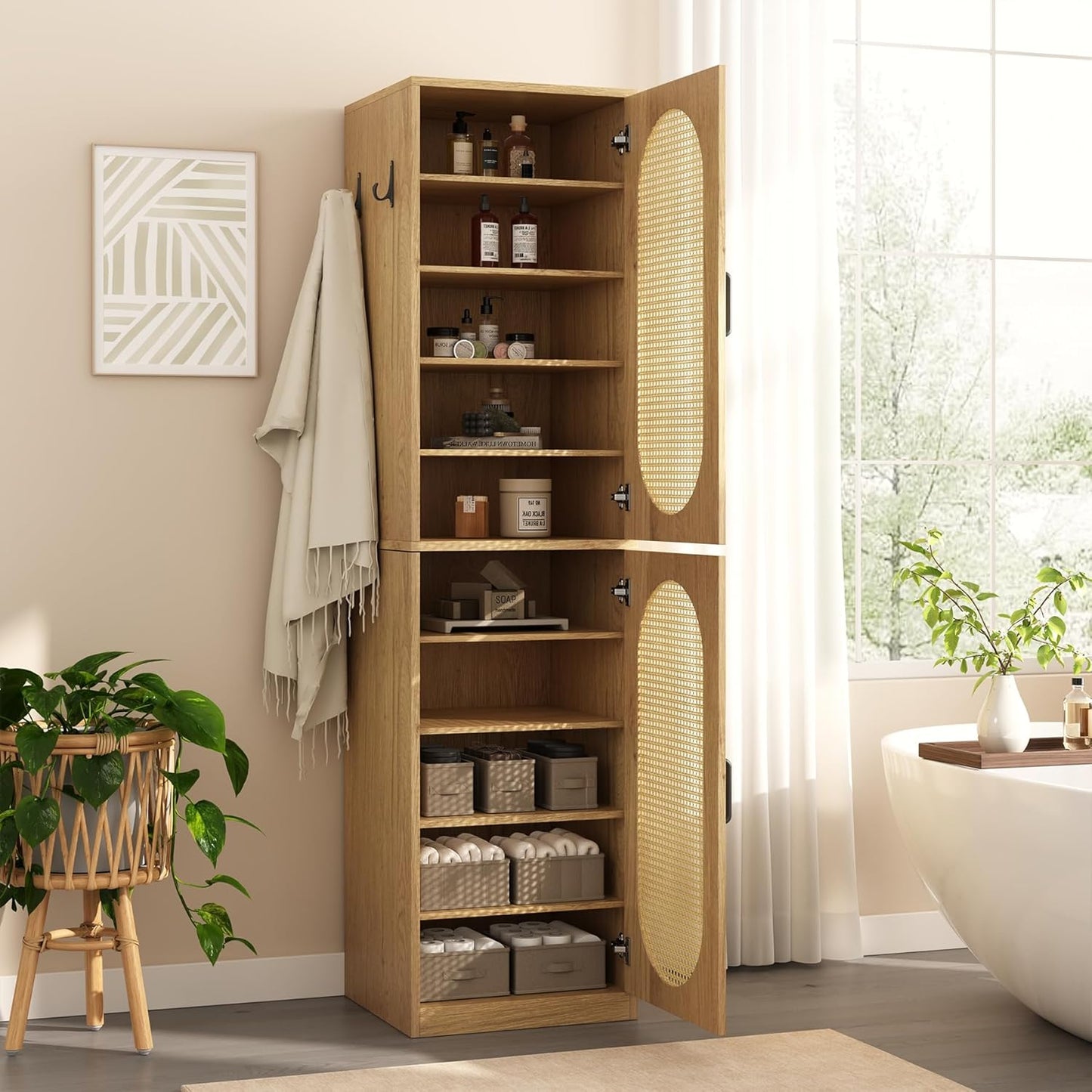 66-Inch Bathroom Storage Cabinet with Rattan Doors for Toilet, Tall Narrow Bath Room Organizer Space-Saving Floor Cabinets with Adjustable Shelves and 4 Hooks for Restroom, Small Spaces, Brown