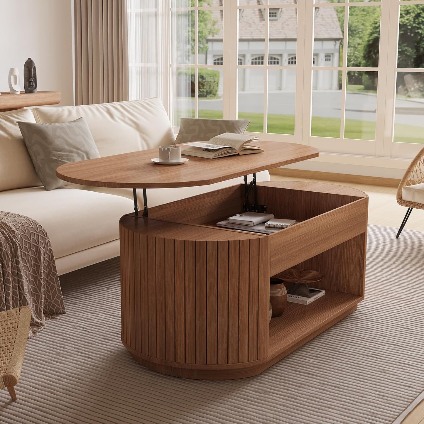 47-Inch Lift Top Wood Coffee Table with Hidden Storage Compartment and Open Shelf for Living Room, Fluted Oval Center Tea Table with Wooden Lift-Top for Apartment, Small Space, Light Brown Oak