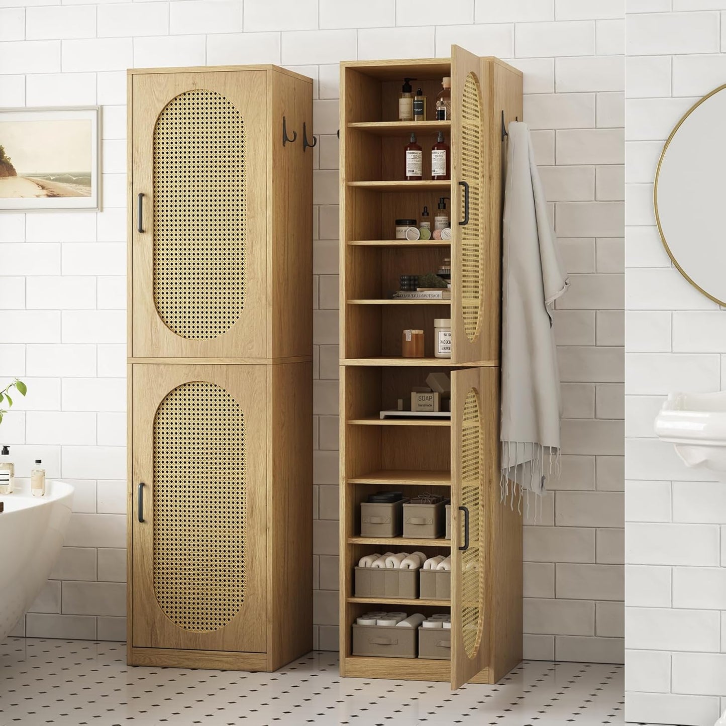 66-Inch Bathroom Storage Cabinet with Rattan Doors for Toilet, Tall Narrow Bath Room Organizer Space-Saving Floor Cabinets with Adjustable Shelves and 4 Hooks for Restroom, Small Spaces, Brown