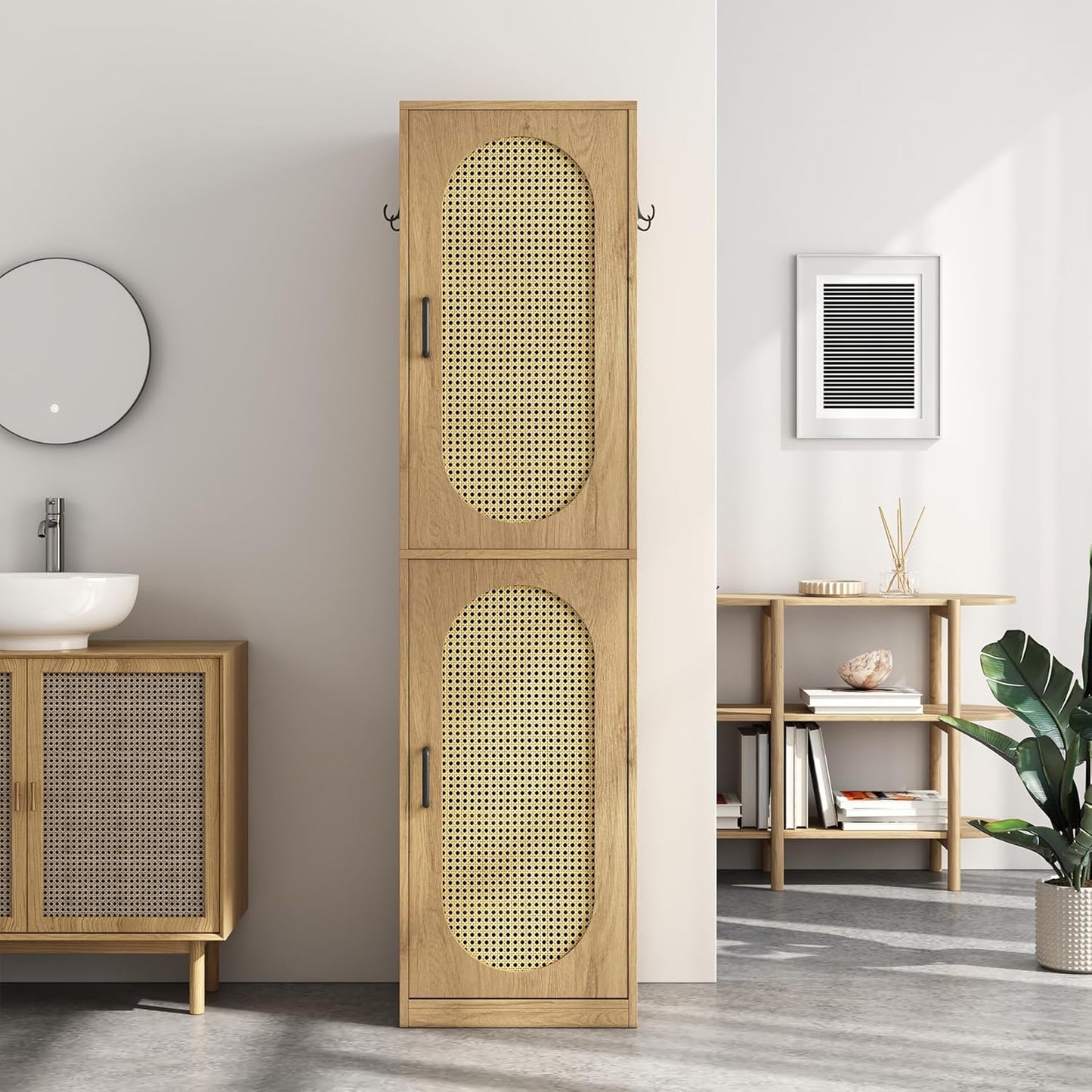66-Inch Bathroom Storage Cabinet with Rattan Doors for Toilet, Tall Narrow Bath Room Organizer Space-Saving Floor Cabinets with Adjustable Shelves and 4 Hooks for Restroom, Small Spaces, Brown