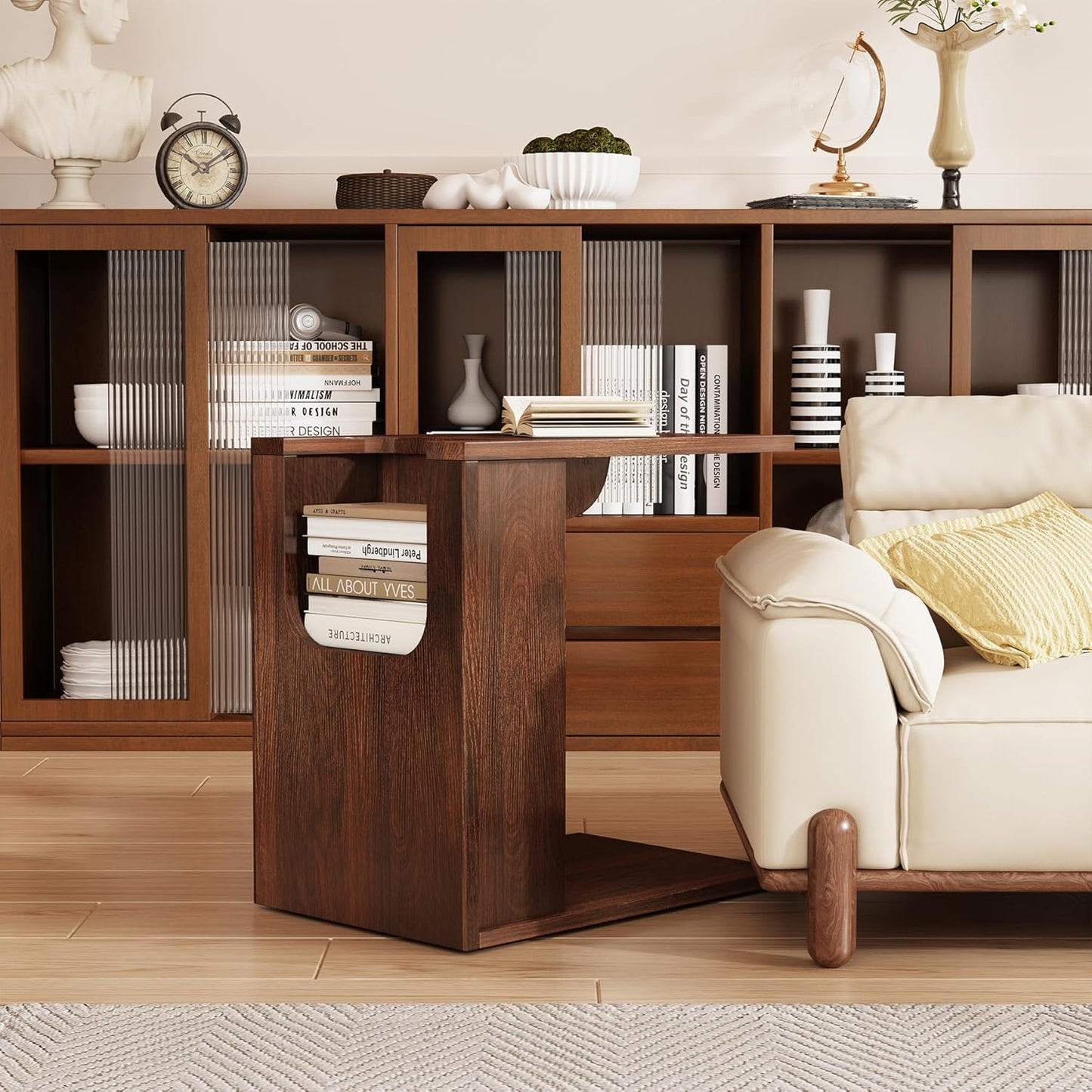 23-Inch C-Shaped End Table with Storage for Couch, Farmhouse Wood Sofa Side Tables, Small Narrow Nightstand with Open Shelf for Living Room, Small Spaces, Bedside, Bedroom, Dark Brown Walnut