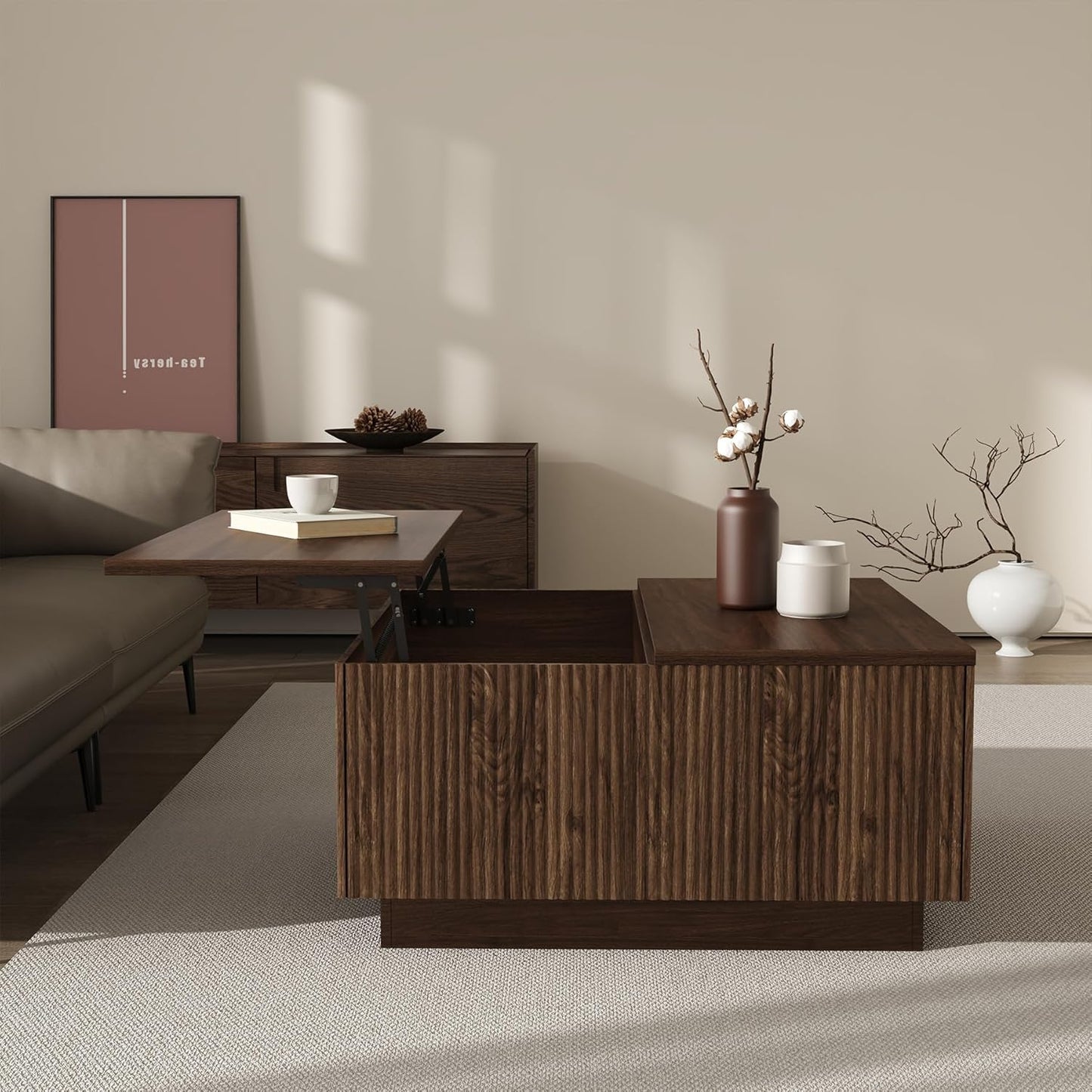 Lift Top Square Wood Coffee Table with Hidden Storage Compartment for Living Room, 31-Inch Farmhouse Fluted Center Tea Table with Wooden Lift-Top for Home, Apartment, Small Space, Brown Walnut