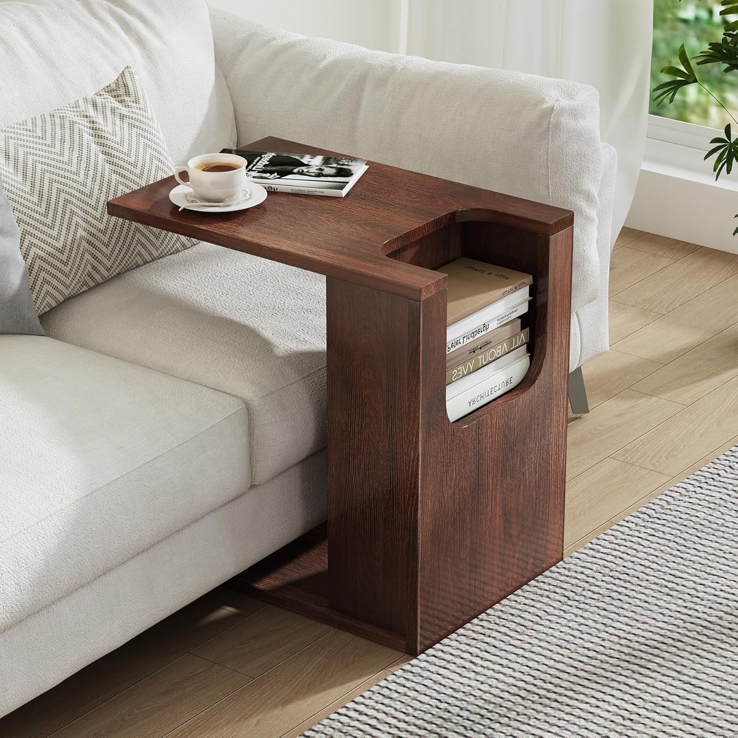 23-Inch C-Shaped End Table with Storage for Couch, Farmhouse Wood Sofa Side Tables, Small Narrow Nightstand with Open Shelf for Living Room, Small Spaces, Bedside, Bedroom, Dark Brown Walnut