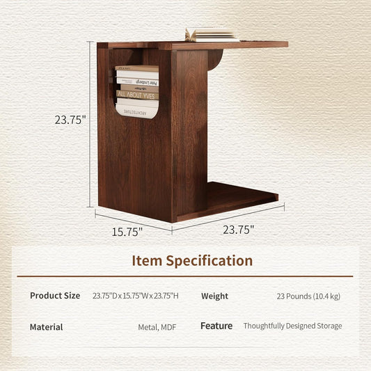 23-Inch C-Shaped End Table with Storage for Couch, Farmhouse Wood Sofa Side Tables, Small Narrow Nightstand with Open Shelf for Living Room, Small Spaces, Bedside, Bedroom, Dark Brown Walnut