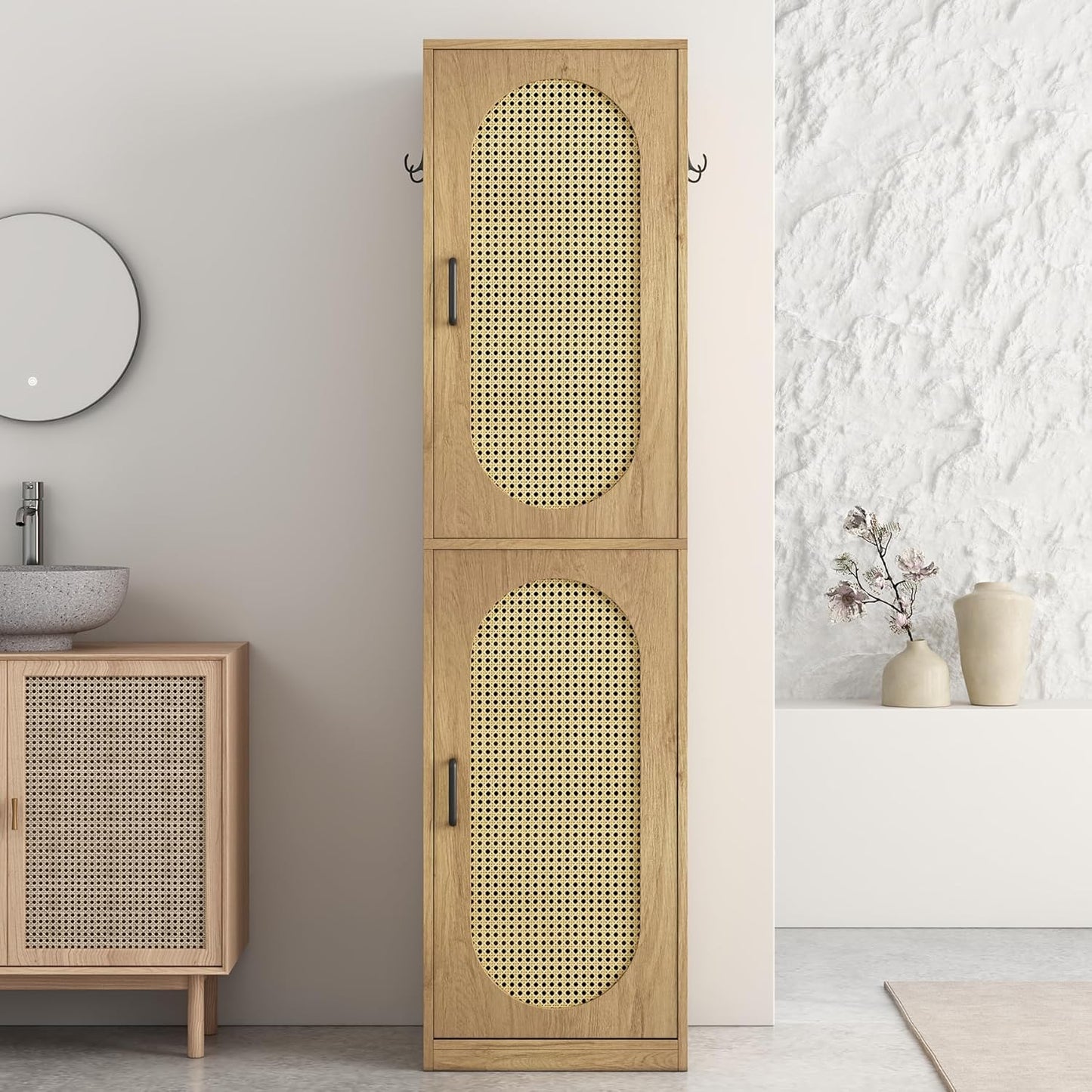 66-Inch Bathroom Storage Cabinet with Rattan Doors for Toilet, Tall Narrow Bath Room Organizer Space-Saving Floor Cabinets with Adjustable Shelves and 4 Hooks for Restroom, Small Spaces, Brown
