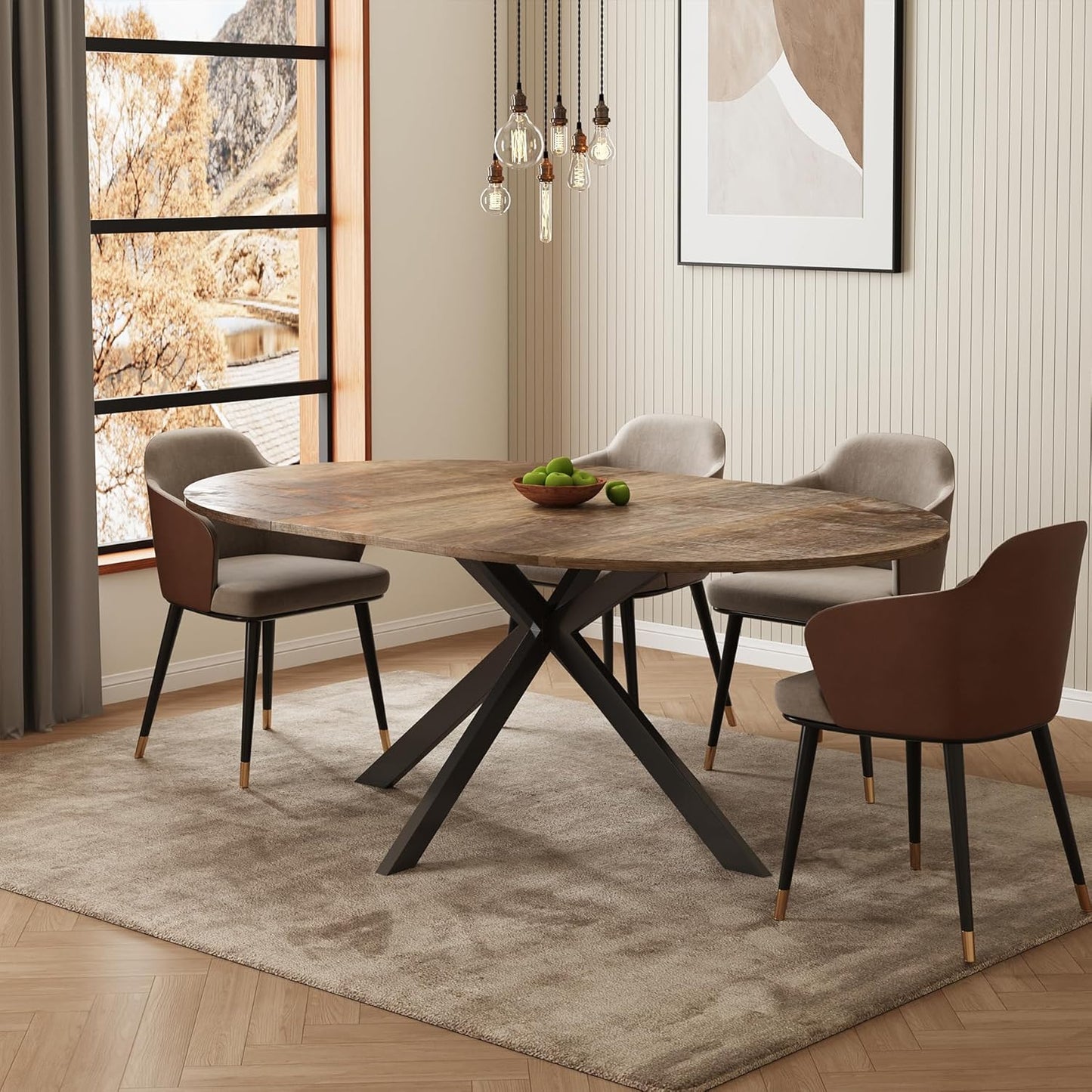 59-Inch Extendable Round Dining Table for Dining Room, 4-6 People Large Expendable Kitchen Dinner Tables with Oval Wood Top and Industrial Metal Frame for Dinner Room, Small Space, Black Brown