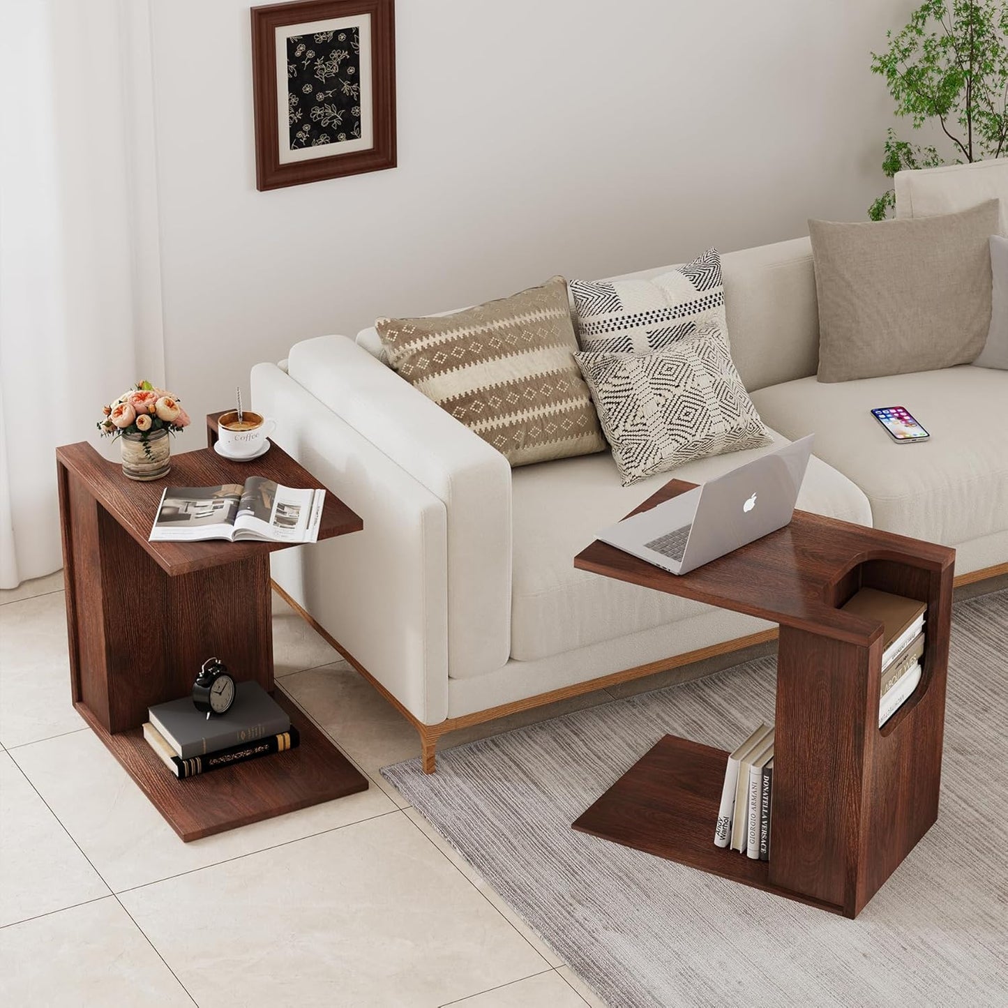 23-Inch C-Shaped End Table with Storage for Couch, Farmhouse Wood Sofa Side Tables, Small Narrow Nightstand with Open Shelf for Living Room, Small Spaces, Bedside, Bedroom, Dark Brown Walnut