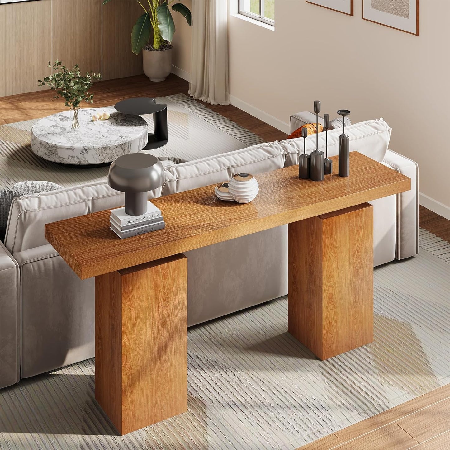 63-Inch Wood Console Table for Entryway, Farmhouse Sofa Tables Behind Couch with Wooden Grain Finish and Double Pedestal Base for Living Room, Home Hallway, Apartment Foyer, Rustic Oak Brown