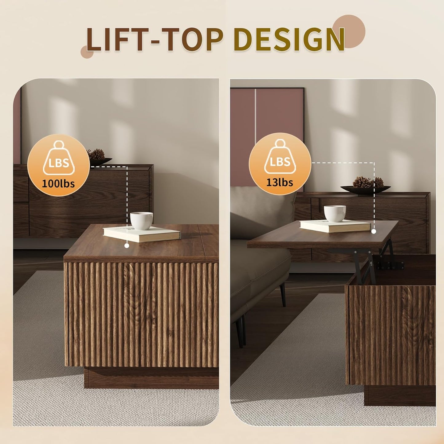 Lift Top Square Wood Coffee Table with Hidden Storage Compartment for Living Room, 31-Inch Farmhouse Fluted Center Tea Table with Wooden Lift-Top for Home, Apartment, Small Space, Brown Walnut