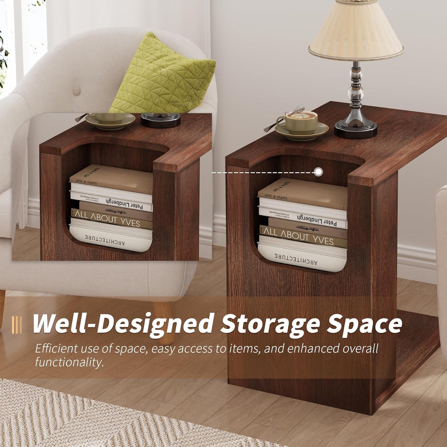 23-Inch C-Shaped End Table with Storage for Couch, Farmhouse Wood Sofa Side Tables, Small Narrow Nightstand with Open Shelf for Living Room, Small Spaces, Bedside, Bedroom, Dark Brown Walnut