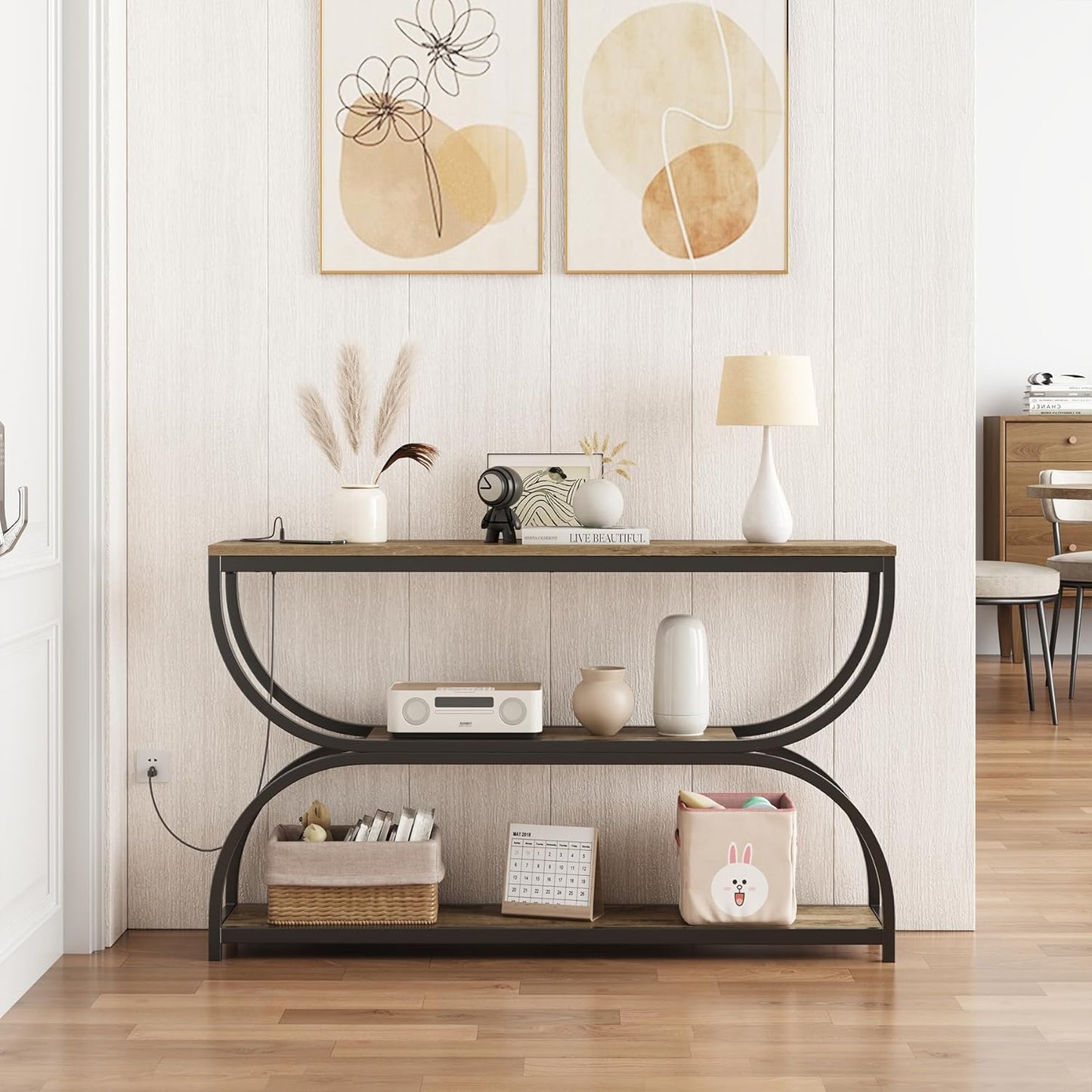 55-Inch Console Table with Power Outlet for Entryway, Industrial 3-Tier Sofa Tables with Wood Storage Shelves and Sturdy Metal Frame for Living Room, Behind Couch, Hallway, Black Rustic Brown