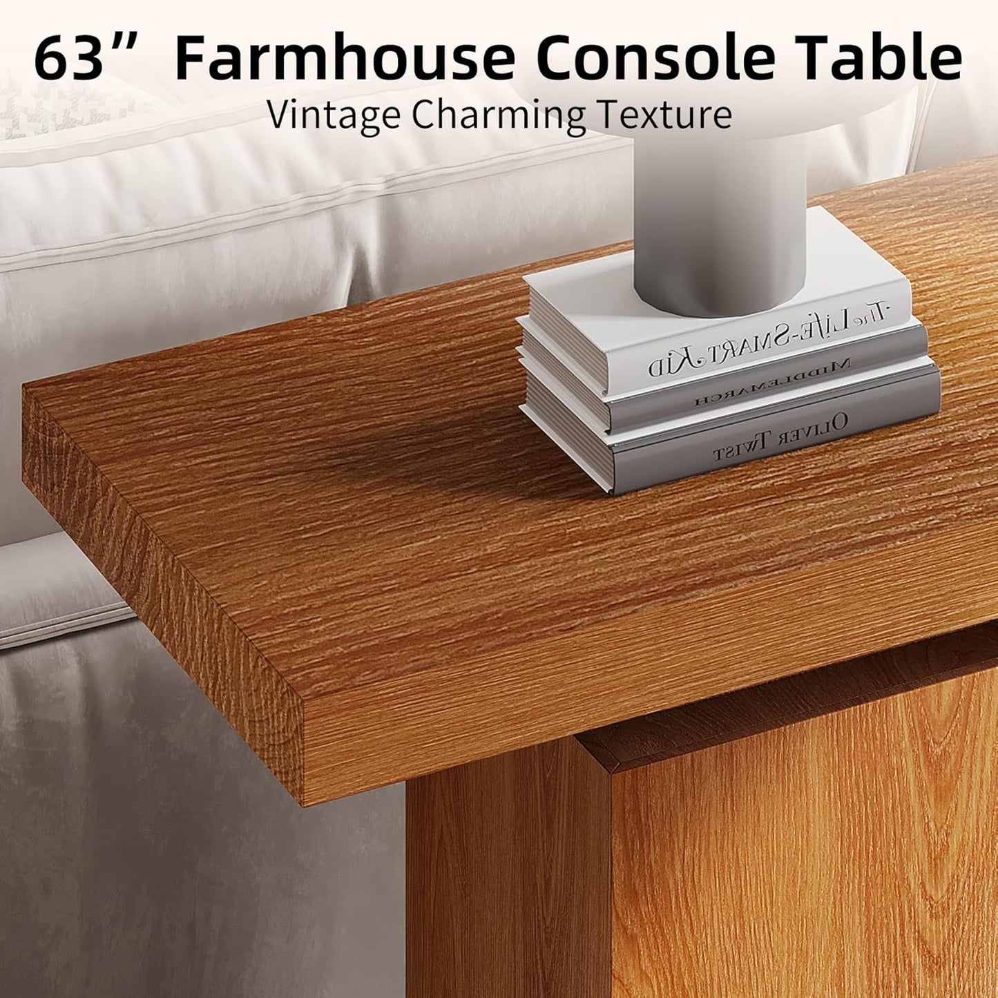 63-Inch Wood Console Table for Entryway, Farmhouse Sofa Tables Behind Couch with Wooden Grain Finish and Double Pedestal Base for Living Room, Home Hallway, Apartment Foyer, Rustic Oak Brown