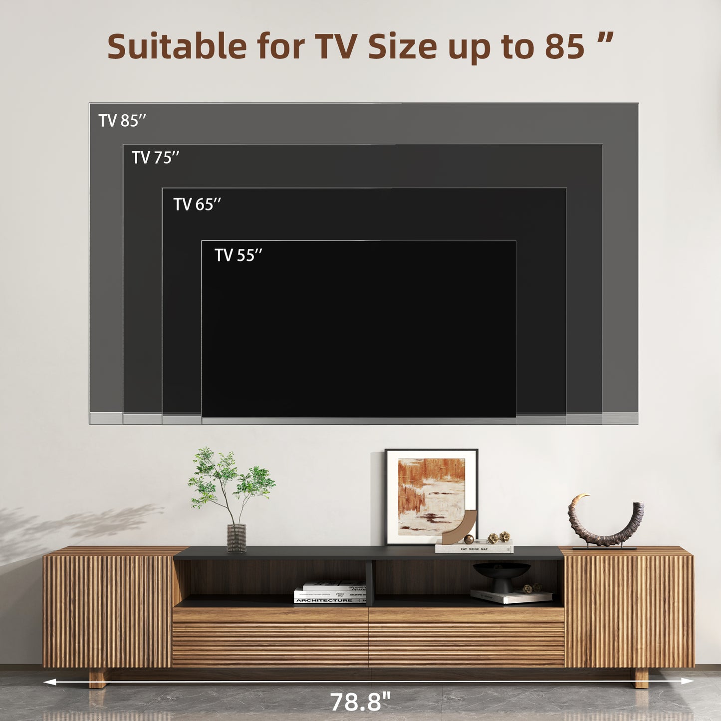 78.8 Inch TV Stand with Storage Cabinets for Living Room, TVs Media Console Entertainment Center with Drawers, Wood Fluted Television Stands with Open Shelves for Bedroom, Dark Brown Walnut