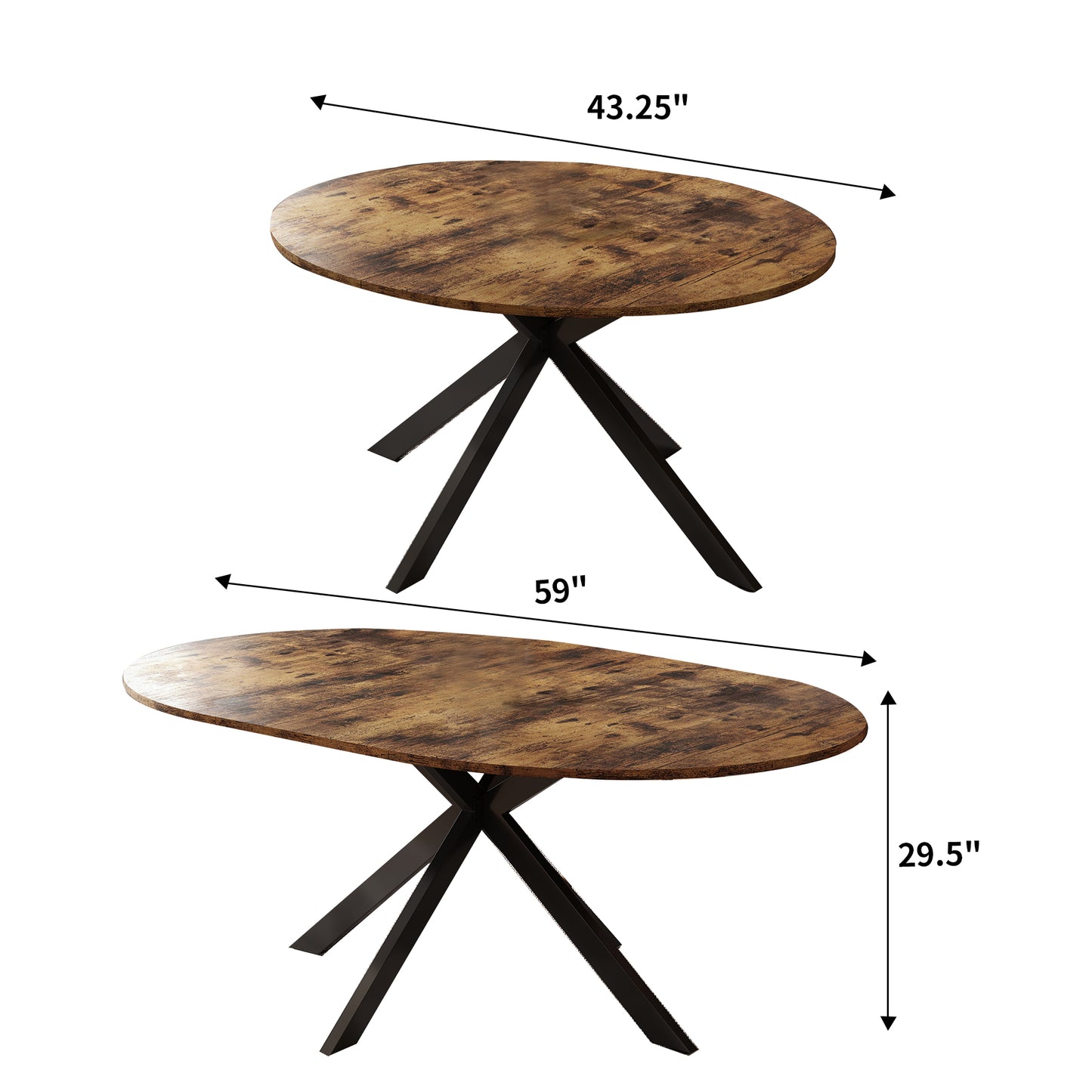 59-Inch Extendable Round Dining Table for Dining Room, 4-6 People Large Expandable Kitchen Dinner Tables with Oval Wood Top and Industrial Metal Frame for Dinner Room, Small Space, Black Rustic Brown