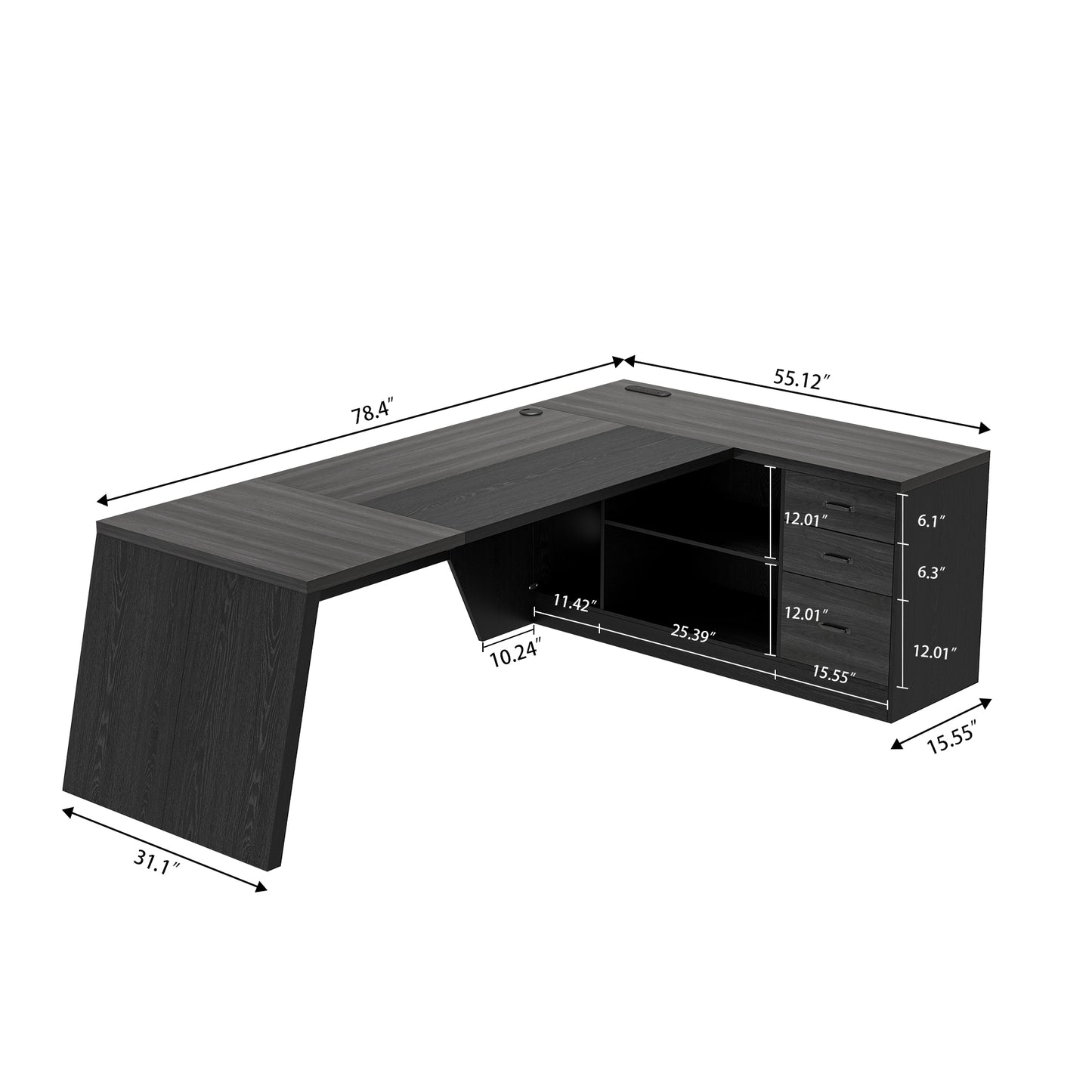 Epecoya 78 Inch L Shape Executive Desk, Large Modern Home Office Desk with Drawer and Cord Hold Management, Wooden Business Furniture for CEO Boss Manager, Black Gray