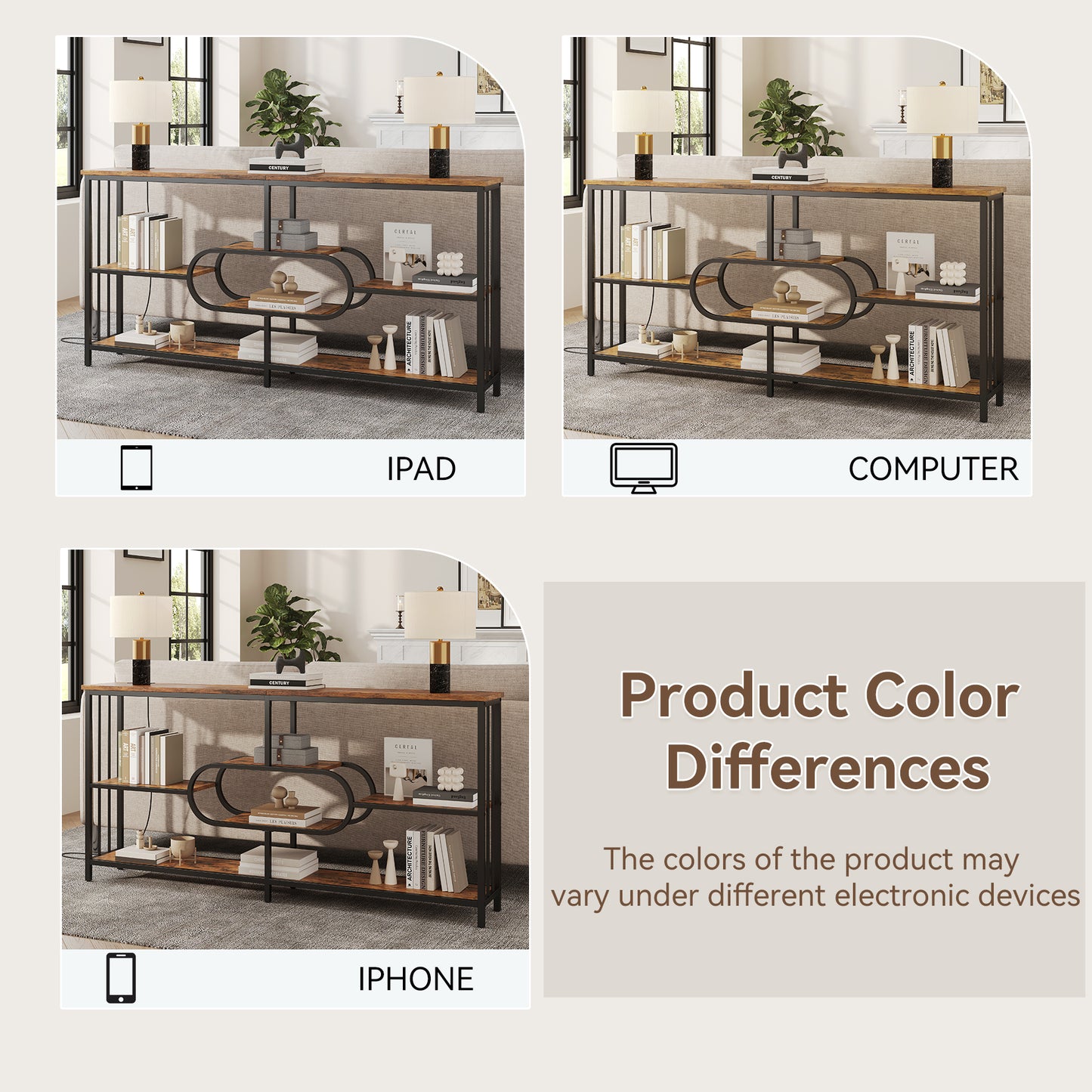 70.9-Inch Industrial Console Table with 3-Tier Shelves and Power Outlet for Living Room Entryway, Long Sofa Table with Metal Frame and Storage Shelf for Hallway Behind Couch, Rustic Brown