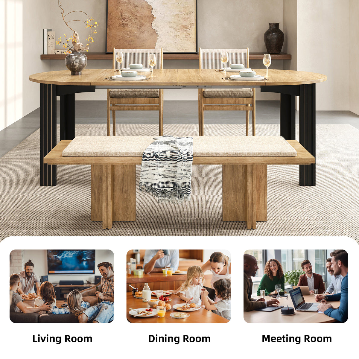 43-Inch Extendable Round Dining Table for 6-8 People, Light Oak Wooden Kitchen Table with Leaf 43"-78", Expandable Oval Dining Table with Black Legs for Dining Room, Apartment