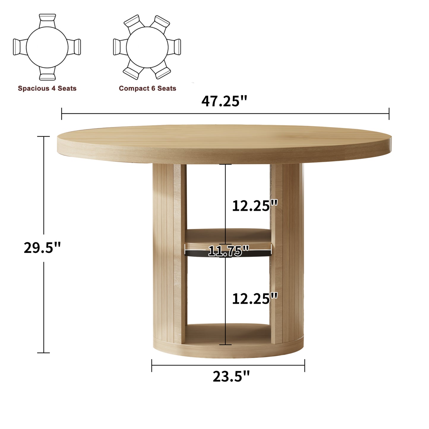 47-Inch Round Wood Dining Table with Open Storage Shelves for Dining Room, 4-6 People Farmhouse Circle Kitchen Dinner Tables with Fluted Design for Living Room, Apartments, Light Oak Brown