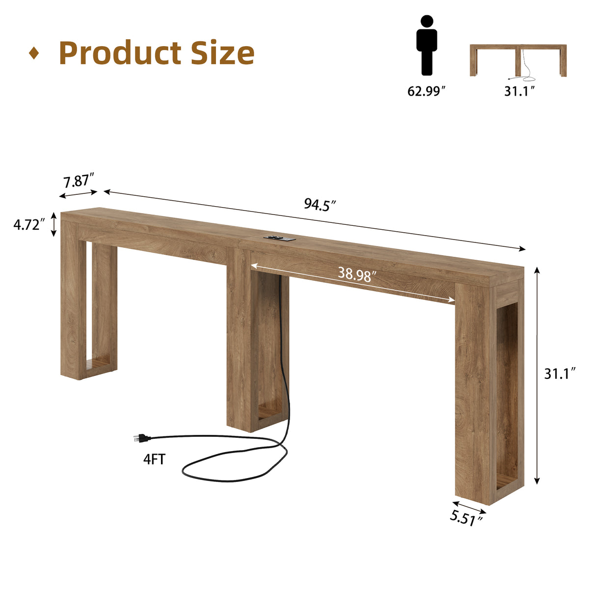 94.5'' Extra Long Console Table, Narrow Sofa Behind Couch Table with Outlet Skinny Entryway Table with USB Charging, Farmhouse Wood Foyer Table for Hallway, Living Room, Natural Oak