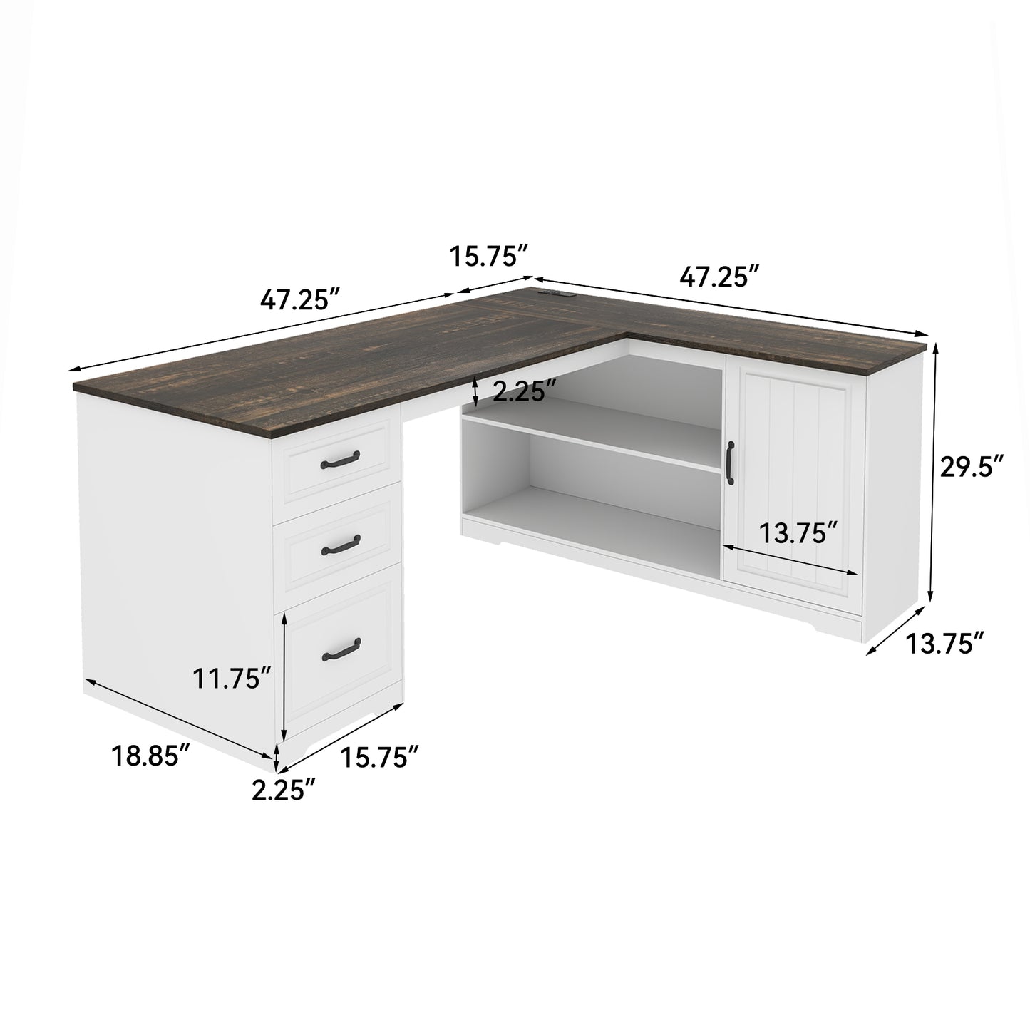 L-Shaped Executive Desk with Power Outlet, Farmhouse Computer Desk with Drawer and Storage Cabinet, White Home Office Wood Corner Table for Writing Work Study, 63 Inch Large Bedroom Workstation
