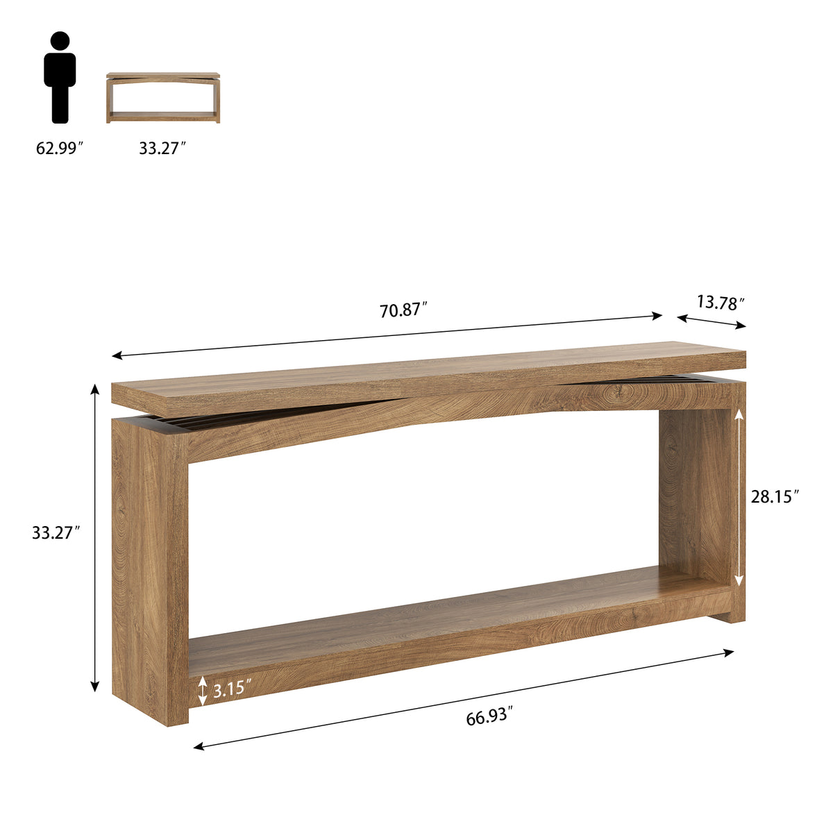 70 Inch Long Console Table for Entryway, Natural Oak Brown Farmhouse Console Table, Wood Sofa Table Behind Couch, 2 Tier Entrance Table with Storage Shelf for Hallway Living Room