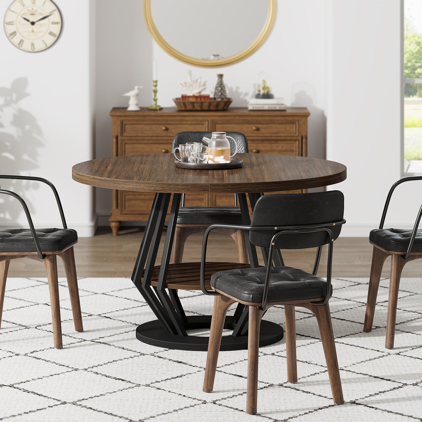 47-Inch Round Industrial Dining Table with Storage Shelf for Dining Room, 4-6 People Circle Kitchen Dinner Tables with Wood Top and Metal Frame for Living Room, Dinner Room, Black Brown Walnut