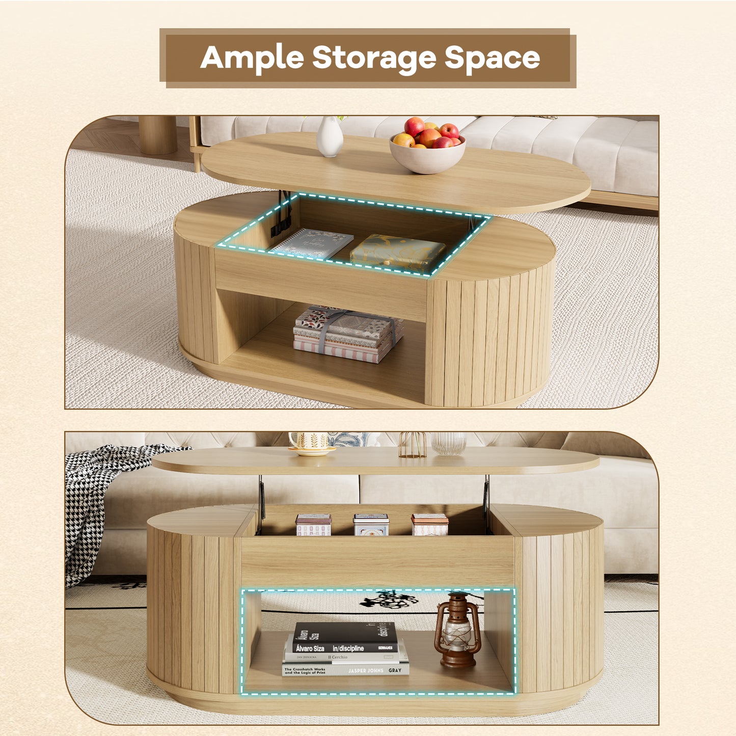 Oval Lift Coffee Table, 43 Inch Lift Top Coffee Table with Storage for Living Room, 2-Tier Rustic Lift Up Tabletop Mid Century Center Tables with Hidden Compartment for Apartment, Light Oak Brown