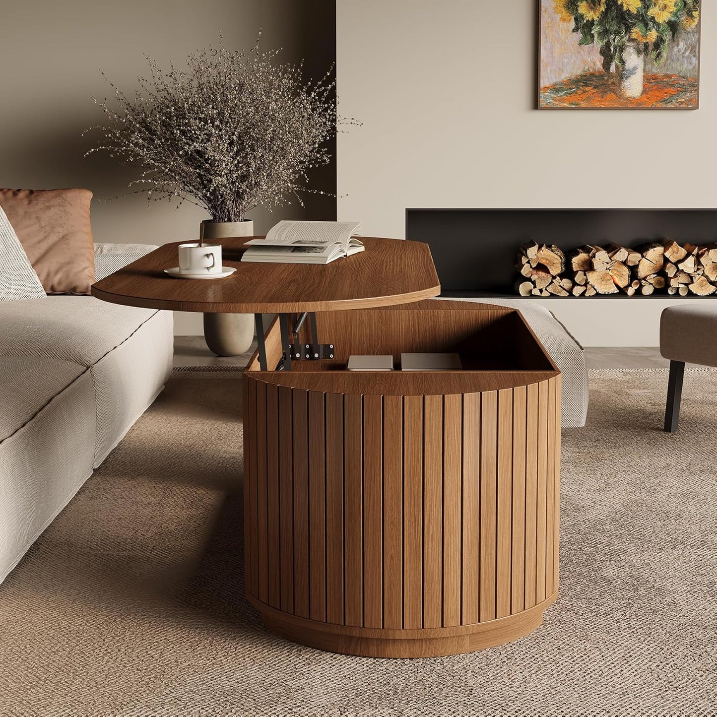 47-Inch Lift Top Wood Coffee Table with Hidden Storage Compartment and Open Shelf for Living Room, Fluted Oval Center Tea Table with Wooden Lift-Top for Apartment, Small Space, Light Brown Oak