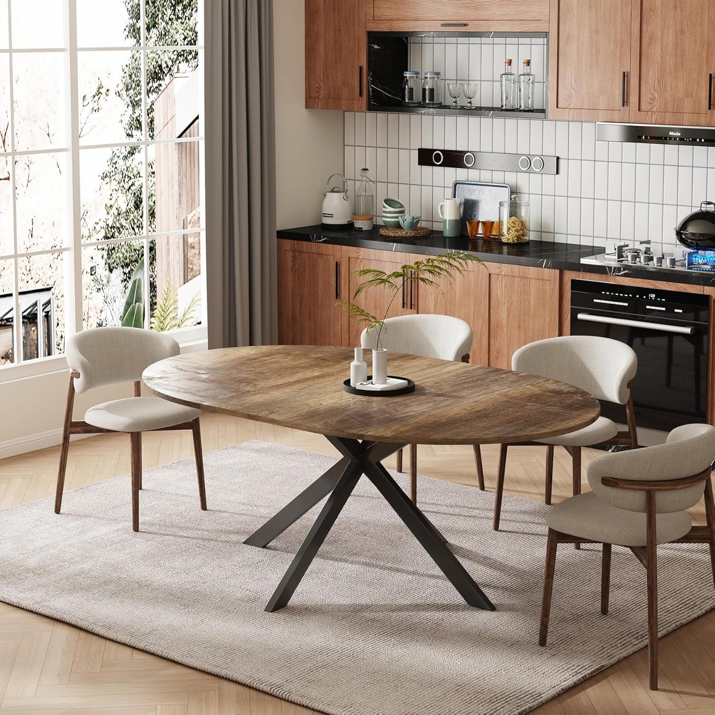 59-Inch Extendable Round Dining Table for Dining Room, 4-6 People Large Expendable Kitchen Dinner Tables with Oval Wood Top and Industrial Metal Frame for Dinner Room, Small Space, Black Brown