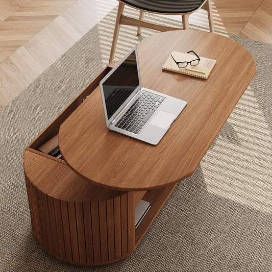 47-Inch Lift Top Wood Coffee Table with Hidden Storage Compartment and Open Shelf for Living Room, Fluted Oval Center Tea Table with Wooden Lift-Top for Apartment, Small Space, Light Brown Oak
