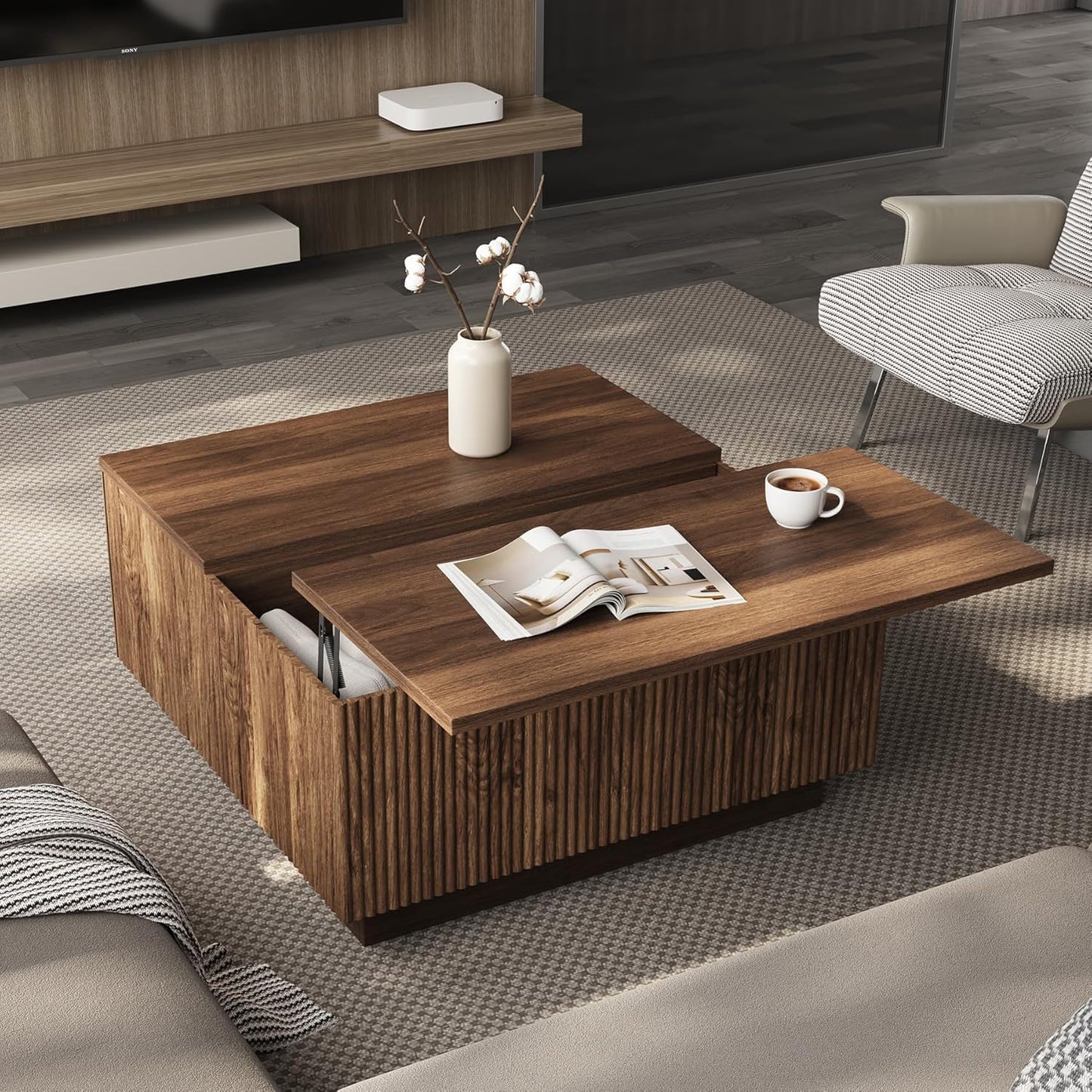 Lift Top Square Wood Coffee Table with Hidden Storage Compartment for Living Room, 31-Inch Farmhouse Fluted Center Tea Table with Wooden Lift-Top for Home, Apartment, Small Space, Brown Walnut