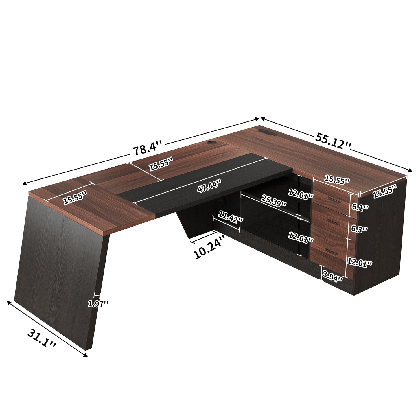 L-Shaped Executive Desk with Power Outlet, 78-Inch Large Office Desk with Storage Drawer and Lateral File Cabinet, Modern Computer Table with Open Shelf and PC Stand for Home Office Study, Brown Black