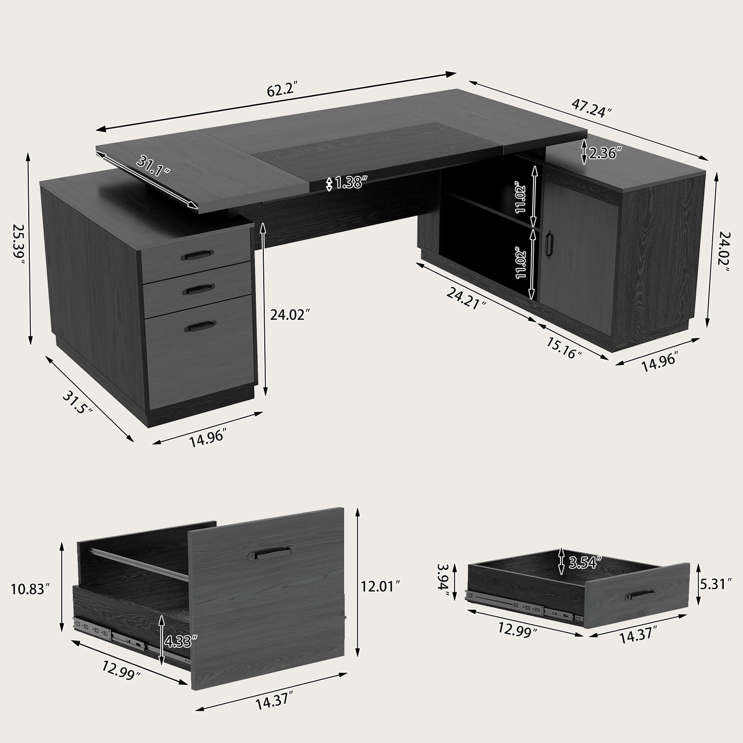 Epecoya L Shaped Desk with Drawers for Home, 78-Inch Executive Office Desk with Power Outlet, Large Home Office Desks with Open Shelf and Storage Cabinet for Home, Grey Black