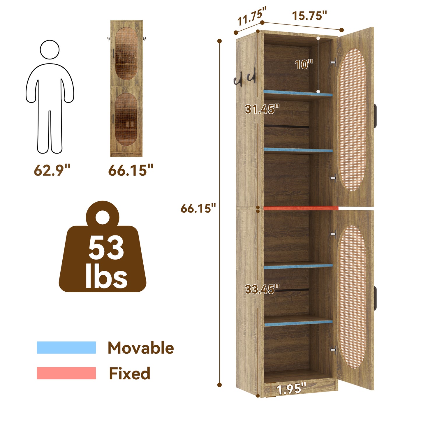 66-Inch Bathroom Storage Cabinet with 2 Rattan Doors for Toilet, Tall Narrow Bath Room Cabinets, Slim Wooden Floor Storage Cabinets with Adjustable Shelves and 4 Hooks for Restroom, Brown