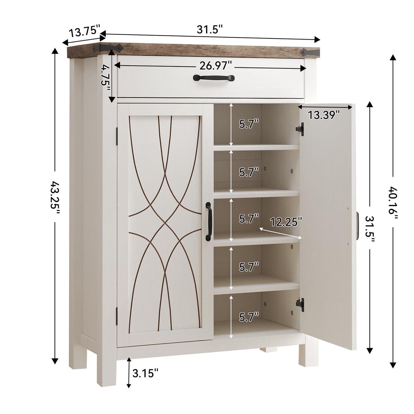 White Shoe Cabinet with Storage Shelf and Drawer for Entryway, Farmhouse 20 Pairs Freestanding Shoe Storage Organizer with 5 Tier Adjustable Shelves for Closet Living Room Hallway, Brown White