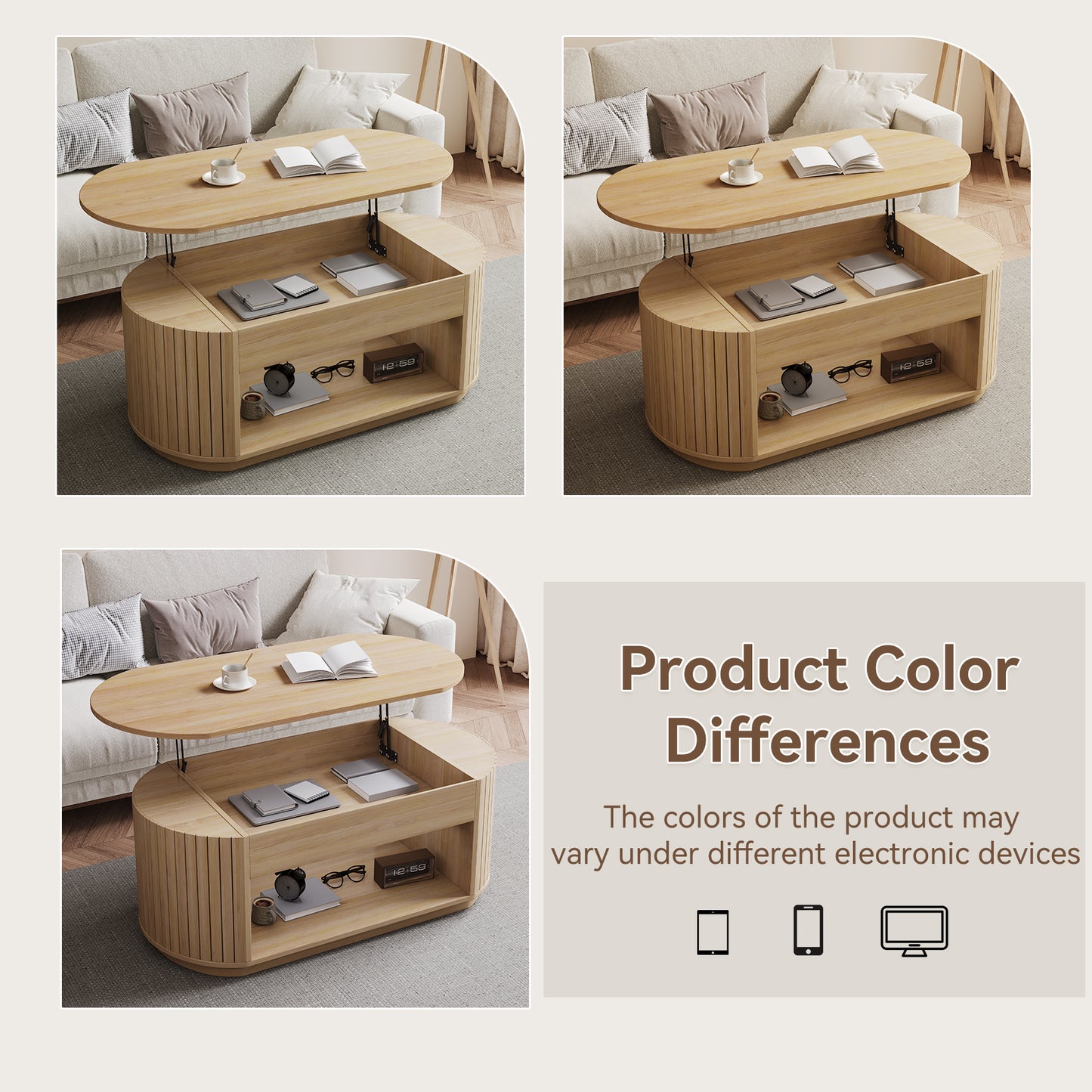47-Inch Lift Top Wood Coffee Table with Hidden Storage Compartment and Open Shelf for Living Room, Fluted Oval Center Tea Table with Wooden Lift-Top for Apartment, Small Space, Brown