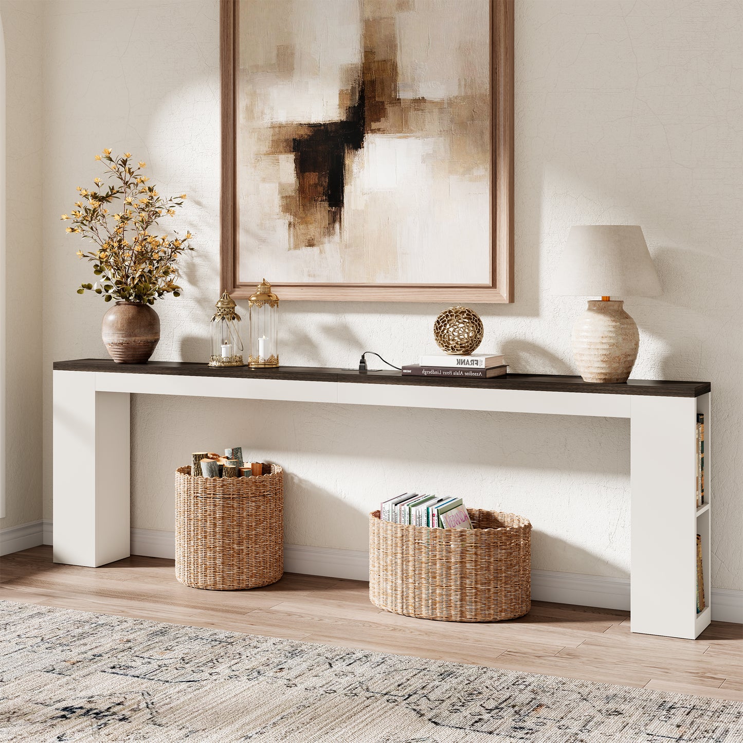 94.5" Narrow Console Table with USB Charging & Side Shelves, White | Extra Long Narrow Console, 94.5"L, Behind Sofa Table with Outlet & Storage Shelf, Skinny for Entryway Hallway