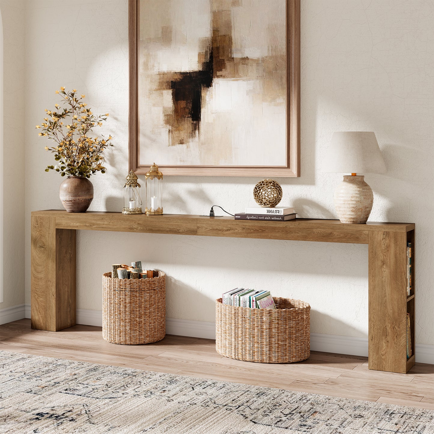 94.5-Inch Extra Long Console Table with USB Outlet & Storage, Narrow Sofa Behind Couch Table with Charging Station, Farmhouse Wood Entryway Table for Hallway Foyer Living Room, Oak Brown