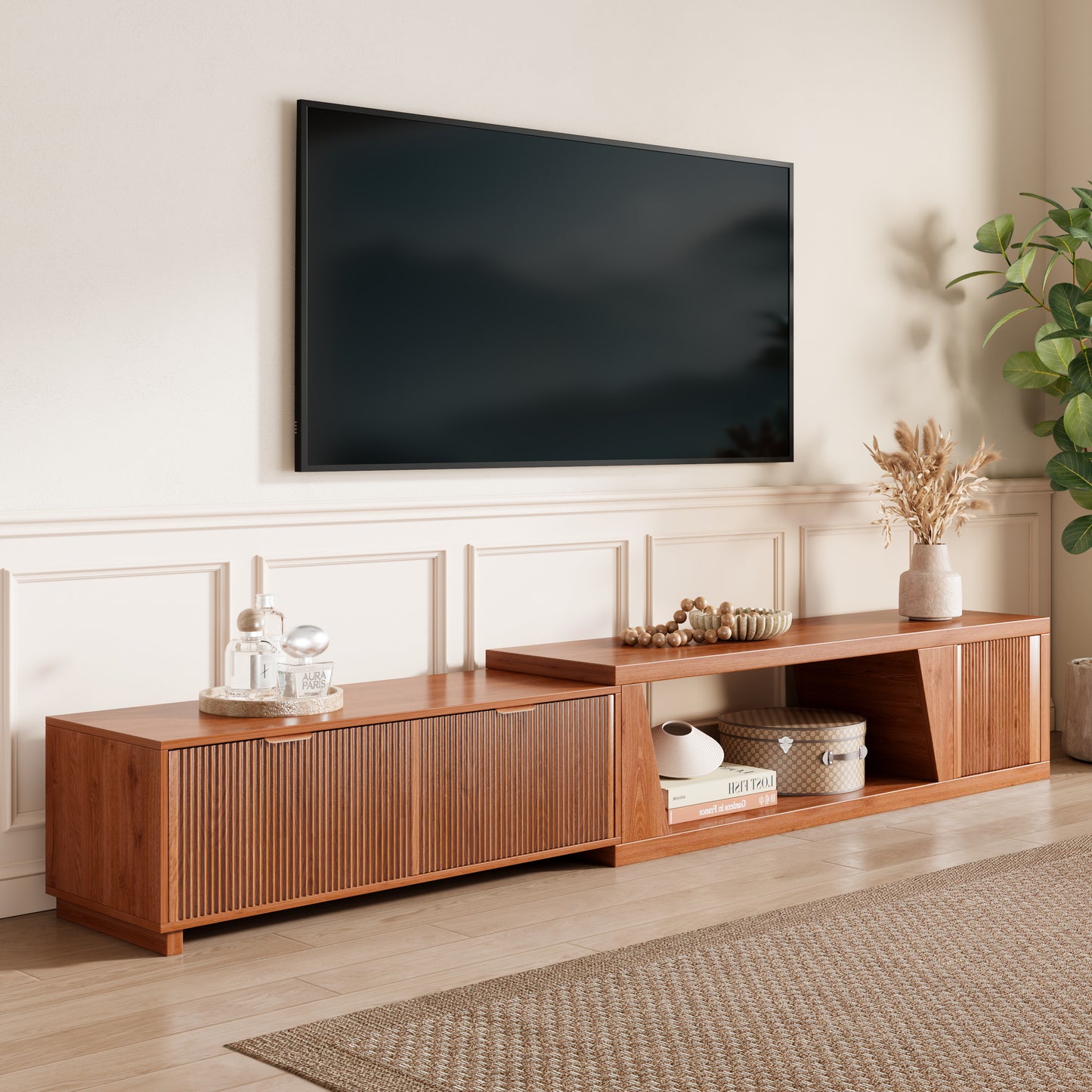 Epecoya Extendable TV Stand with Storage Cabinet Wooden, Mid Century Modern TV Stand with Adjustable Shelf and Drawers, Extra Long TV Stands for Living Room Fluted, Warm Brown Oak (64.57" W-98.43" W)