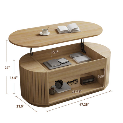 47-Inch Lift Top Wood Coffee Table with Hidden Storage Compartment and Open Shelf for Living Room, Fluted Oval Center Tea Table with Wooden Lift-Top for Apartment, Small Space, Brown