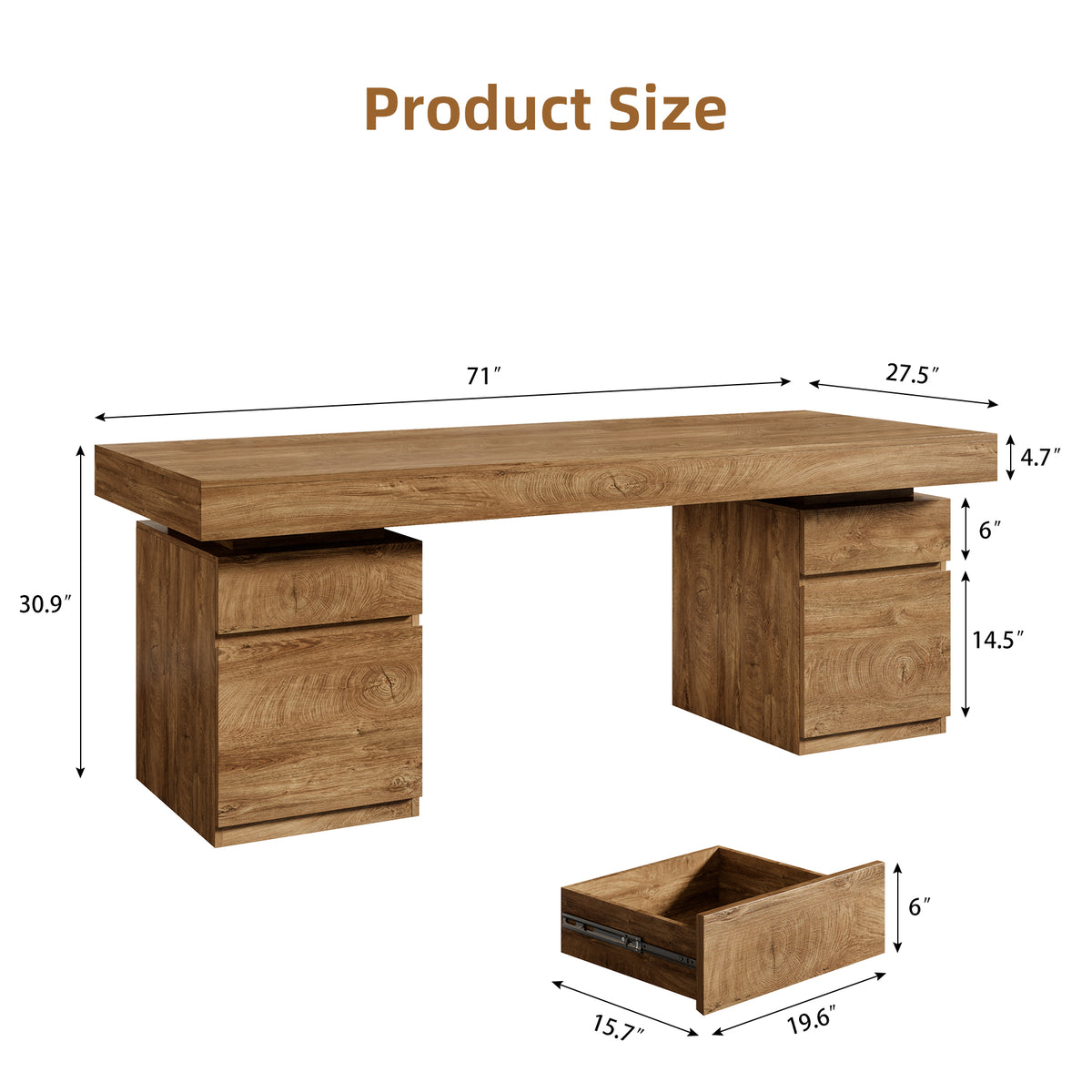 71-Inch Wood Executive Desk with Storage, Home Office Desk Large Computer Desk with Drawers & Cabinets, Farmhouse Writing Table for Work, Study, Business Workstation, Natural Oak Brown