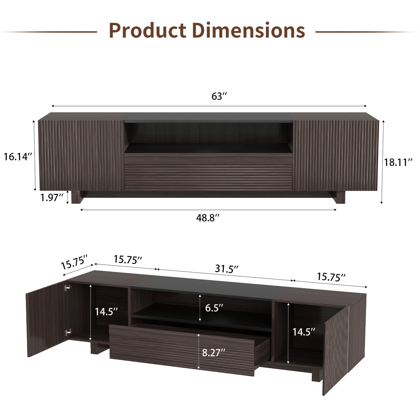Epecoya TV Stand with Storage Cabinets for Living Room, Modern Wood Fluted TVs Media Console for 55/60/65 Inch TVs, Mid Century Television Stands with Drawer and Open Shelve for Bedroom, Dark Walnut