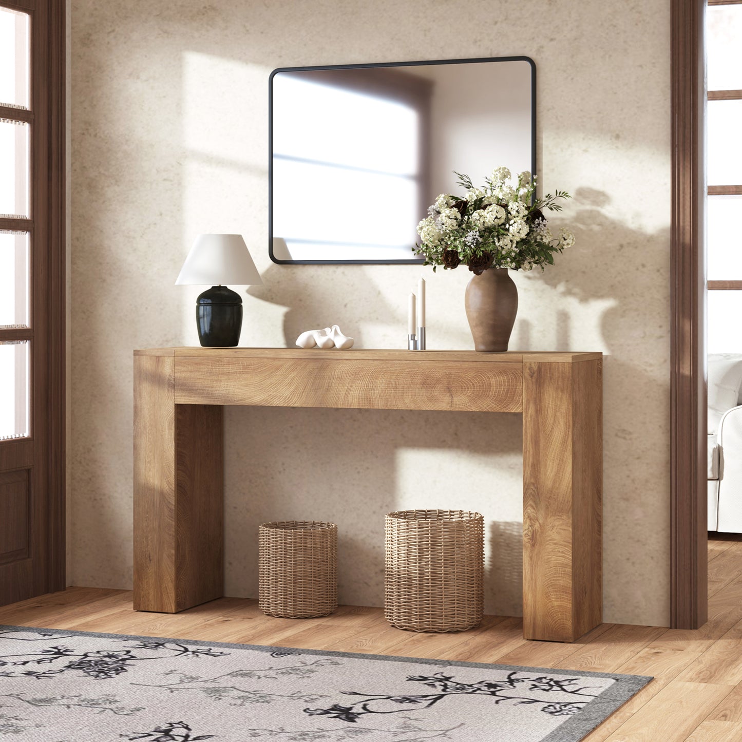 Wood Console Table for Entryway Living Room, 43-Inch Small Sofa Table, Farmhouse Rectangular Accent Console with Wooden Double Base for Behind Couch Hallway Foyer Entrance, Light Oak Brown