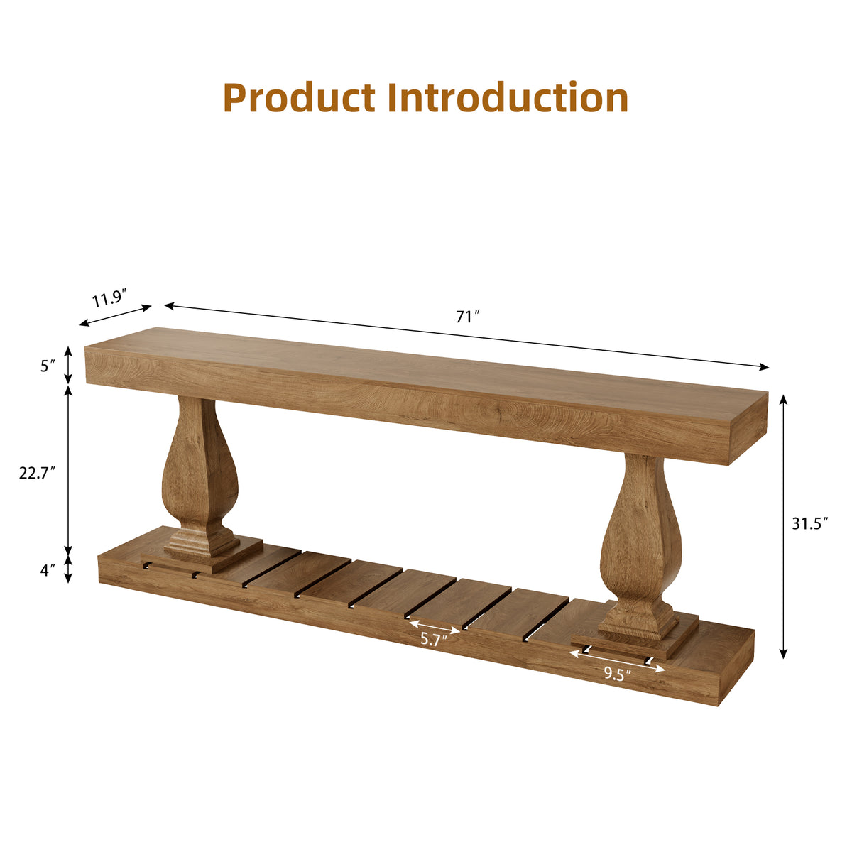 70 Inch Wood Console Table for Entryway, Extra Long Sofa Table Behind Couch, Rustic Farmhouse Entry Style with Bottom Shelf and Vintage Curved Legs for Living Room, Hallway